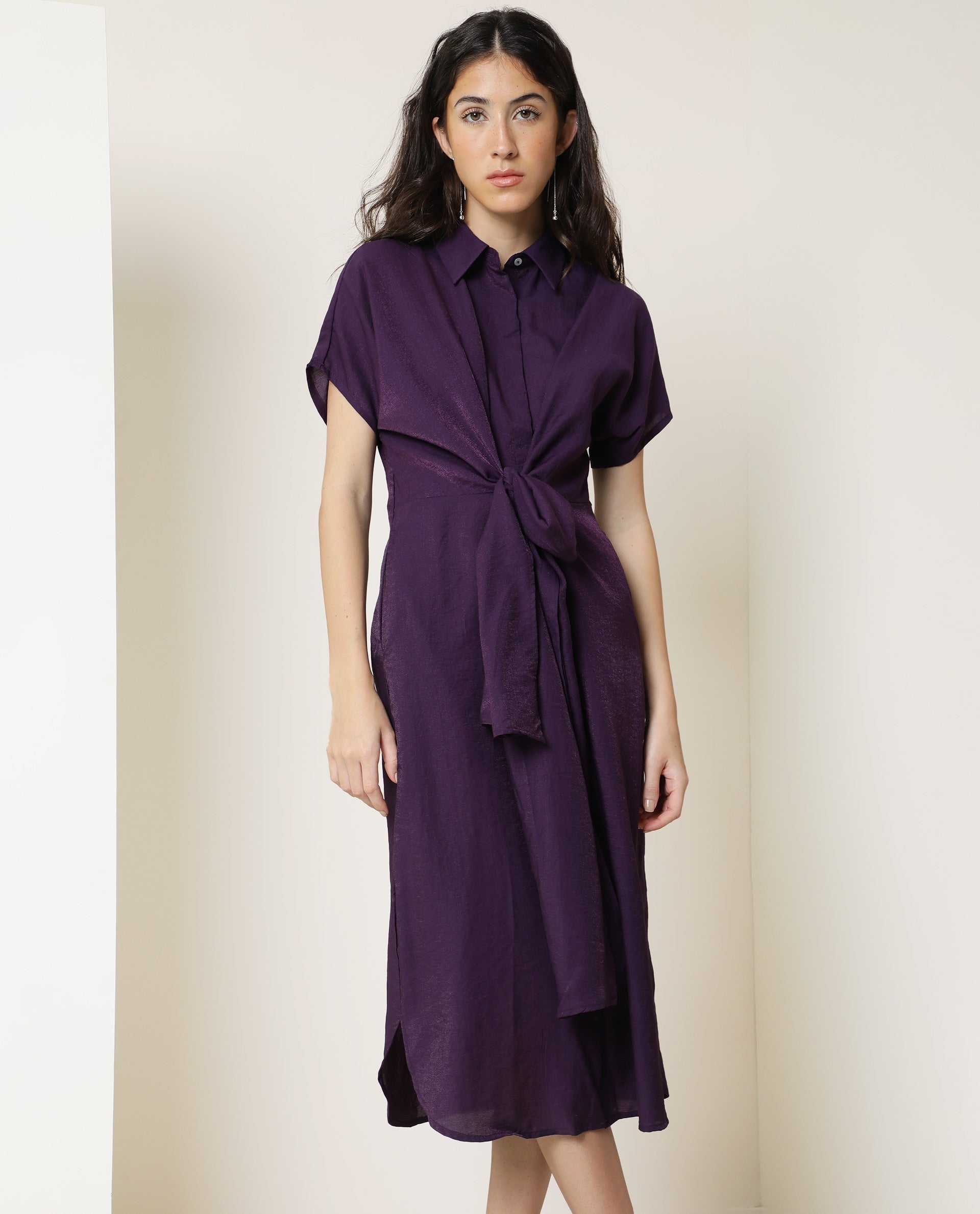 Rareism Women Kori Purple Dress Rayon Nylon Fabric Full Sleeves Solid