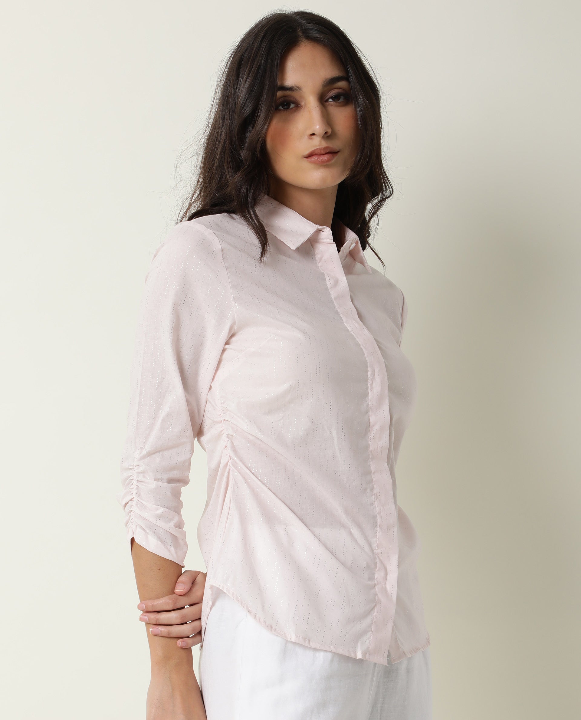 Rareism Women's Humpty Pink Spread Collar Plain Knee Length Regular Fit Top