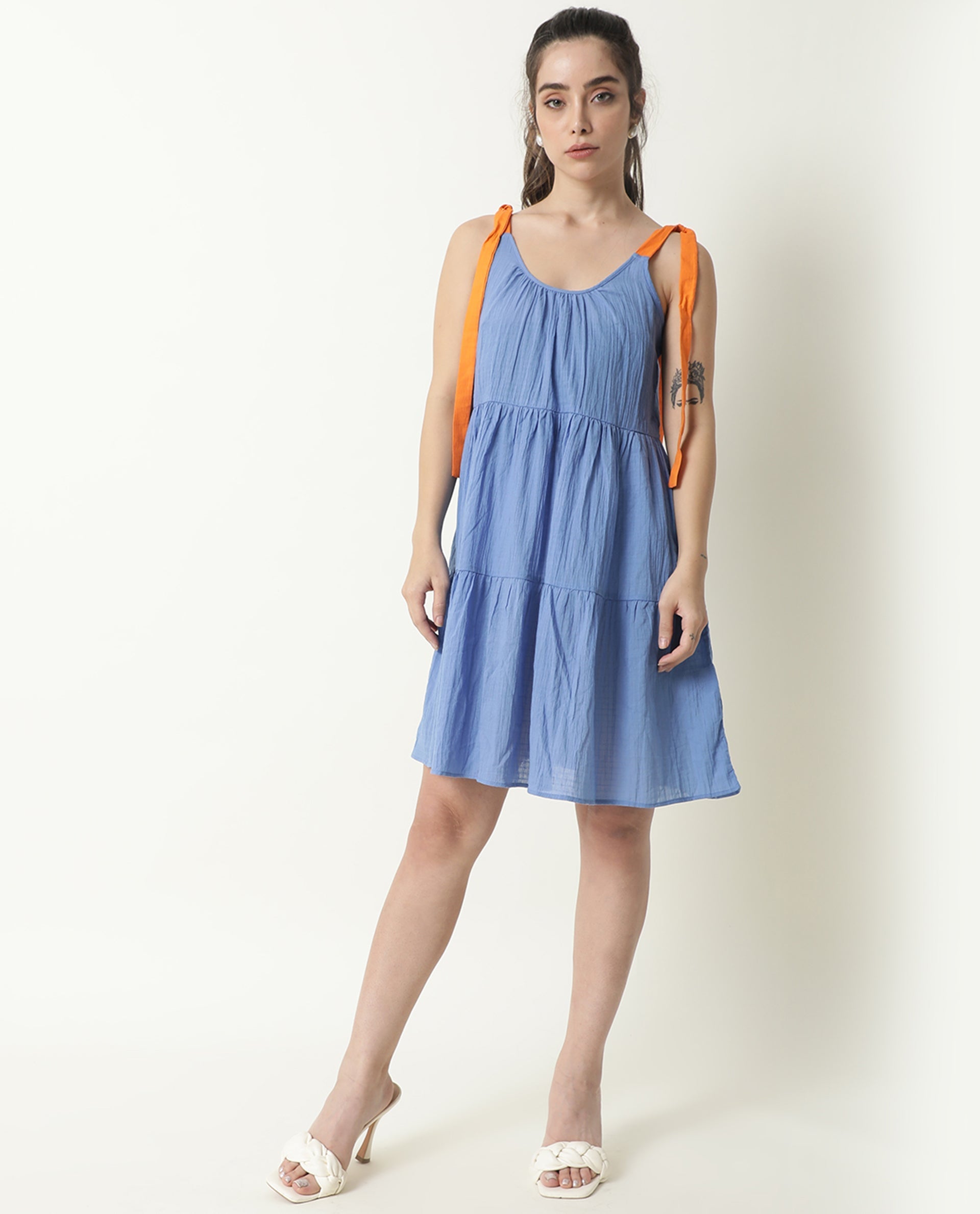 Rareism Womens Melt Blue Dress Cotton Fabric Regular Fit Sleeveless Scoop Neck