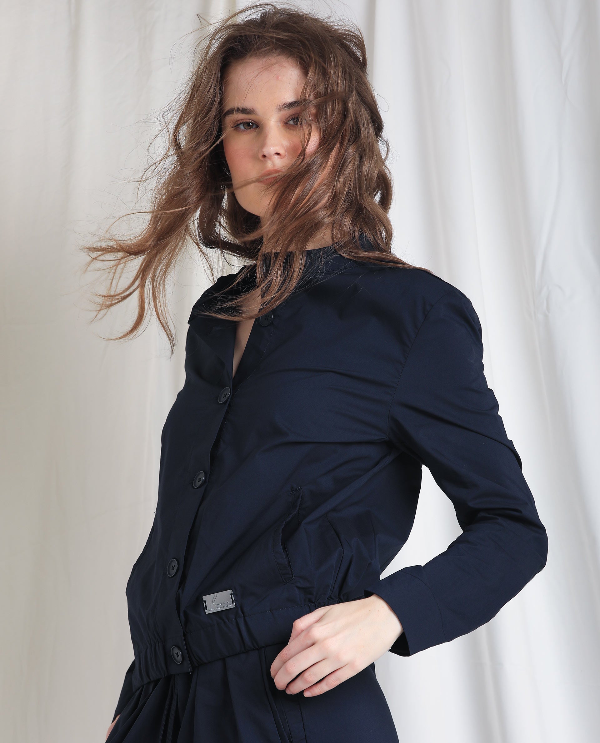 Rareism Women's Aomori Navy Polyester Blend Mandarin Collar Plain Regular Fit Jacket
