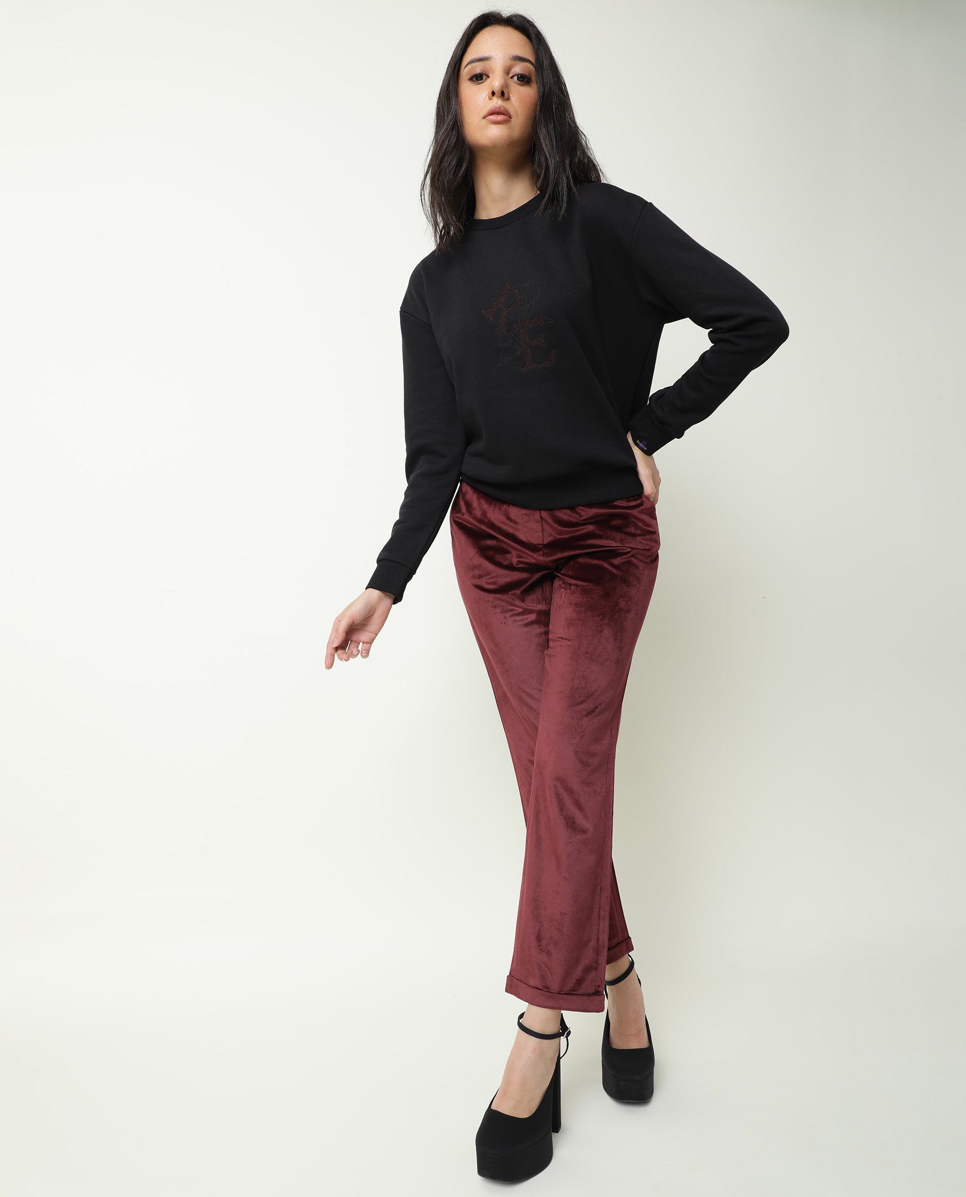Rareism Women Sandor Black Cotton Poly Fabric Relaxed Fit Full Sleeves Solid Crew Neck Sweatshirt