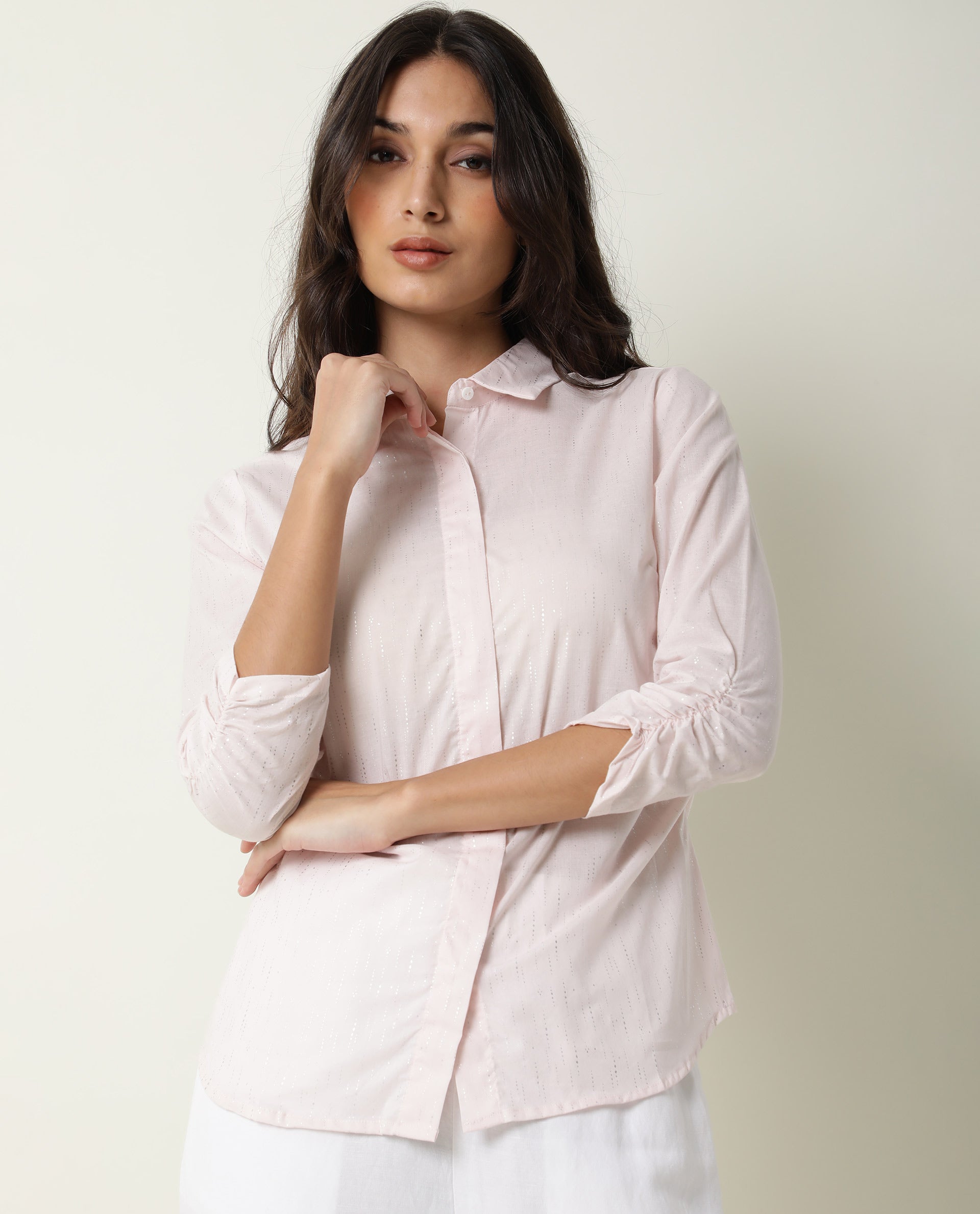 Rareism Women's Humpty Pink Spread Collar Plain Knee Length Regular Fit Top