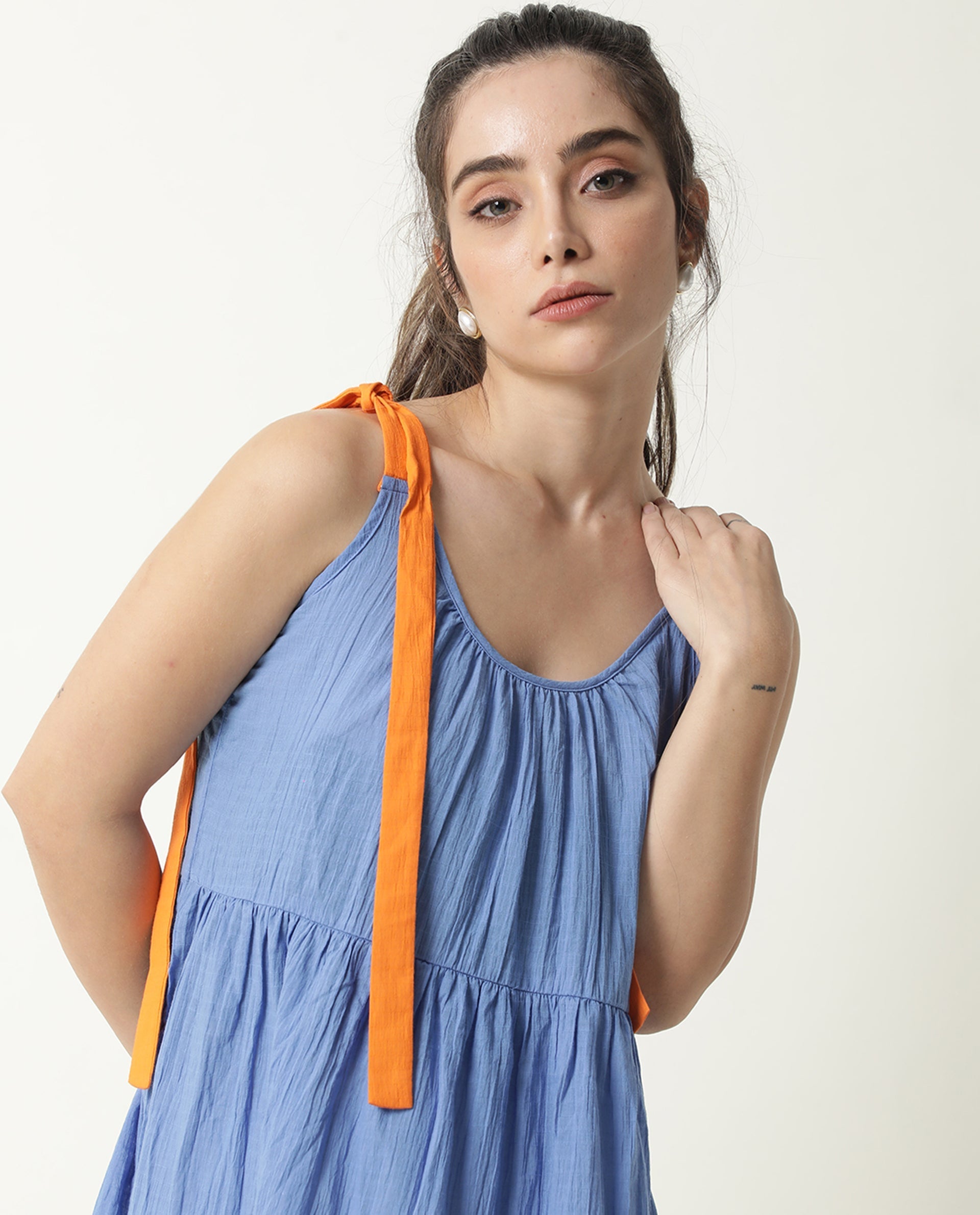 Rareism Womens Melt Blue Dress Cotton Fabric Regular Fit Sleeveless Scoop Neck