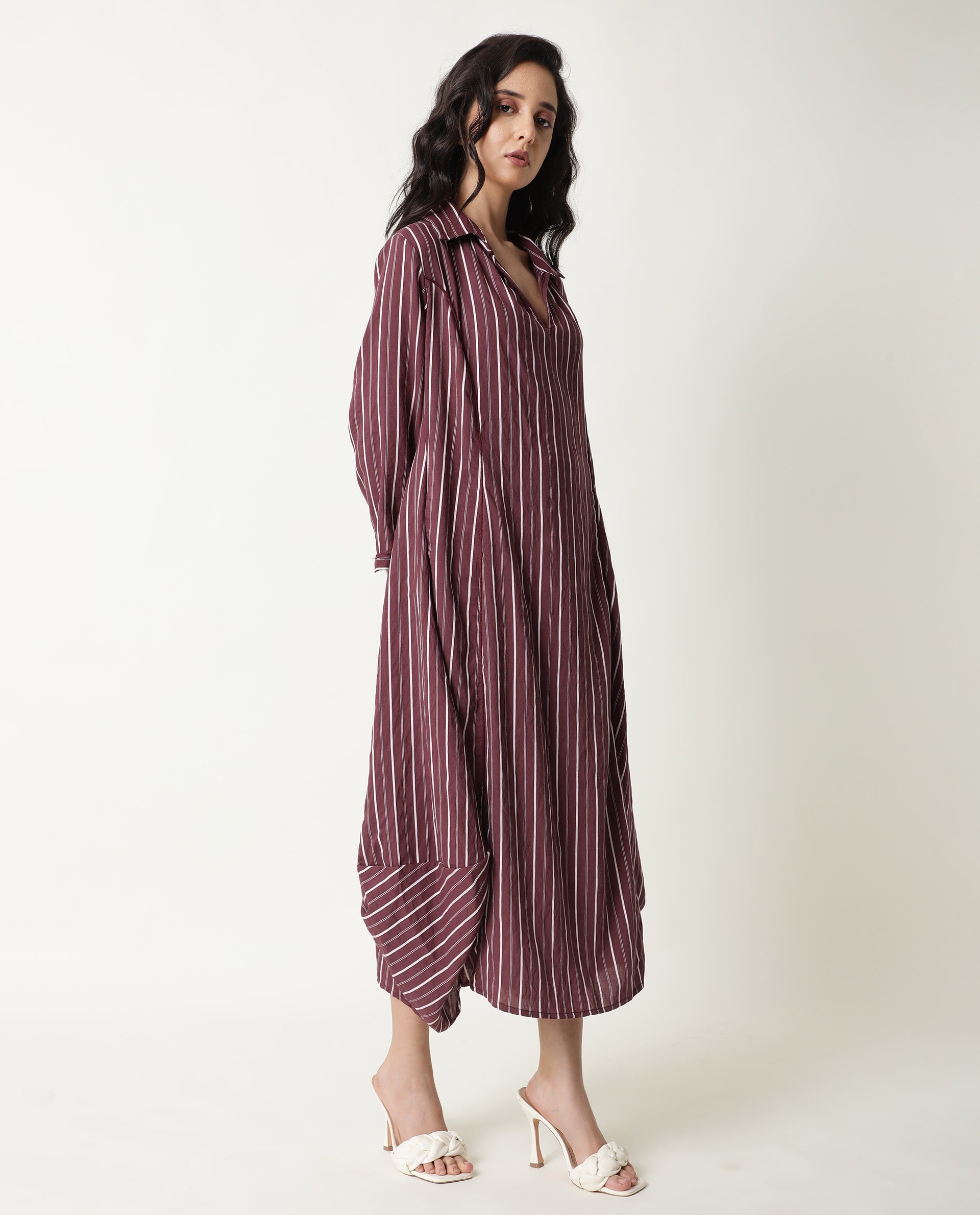 Rareism Women's Wakanda Maroon Spread Collar Striped Knee Length Regular Fit Dress
