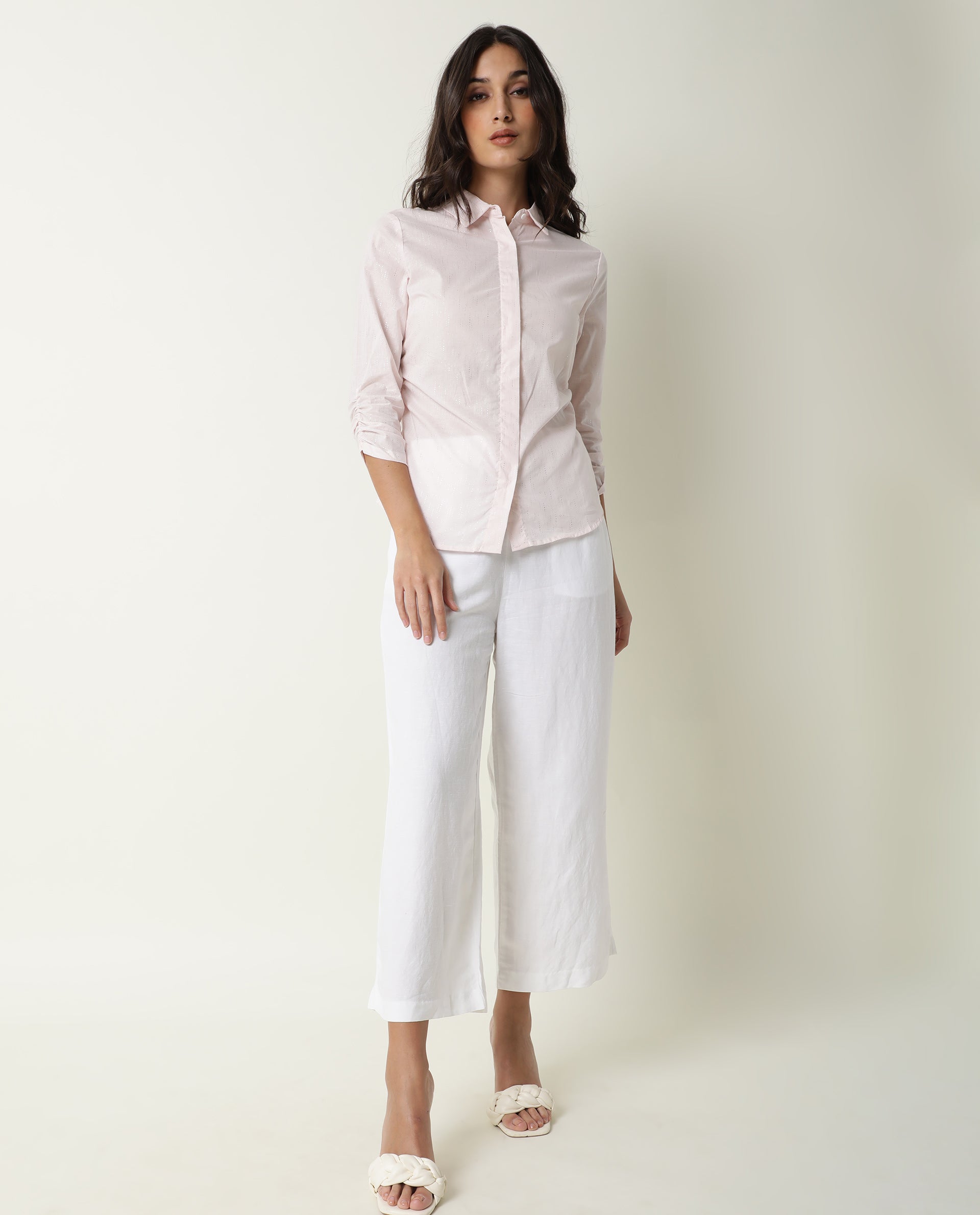 Rareism Women's Humpty Pink Spread Collar Plain Knee Length Regular Fit Top