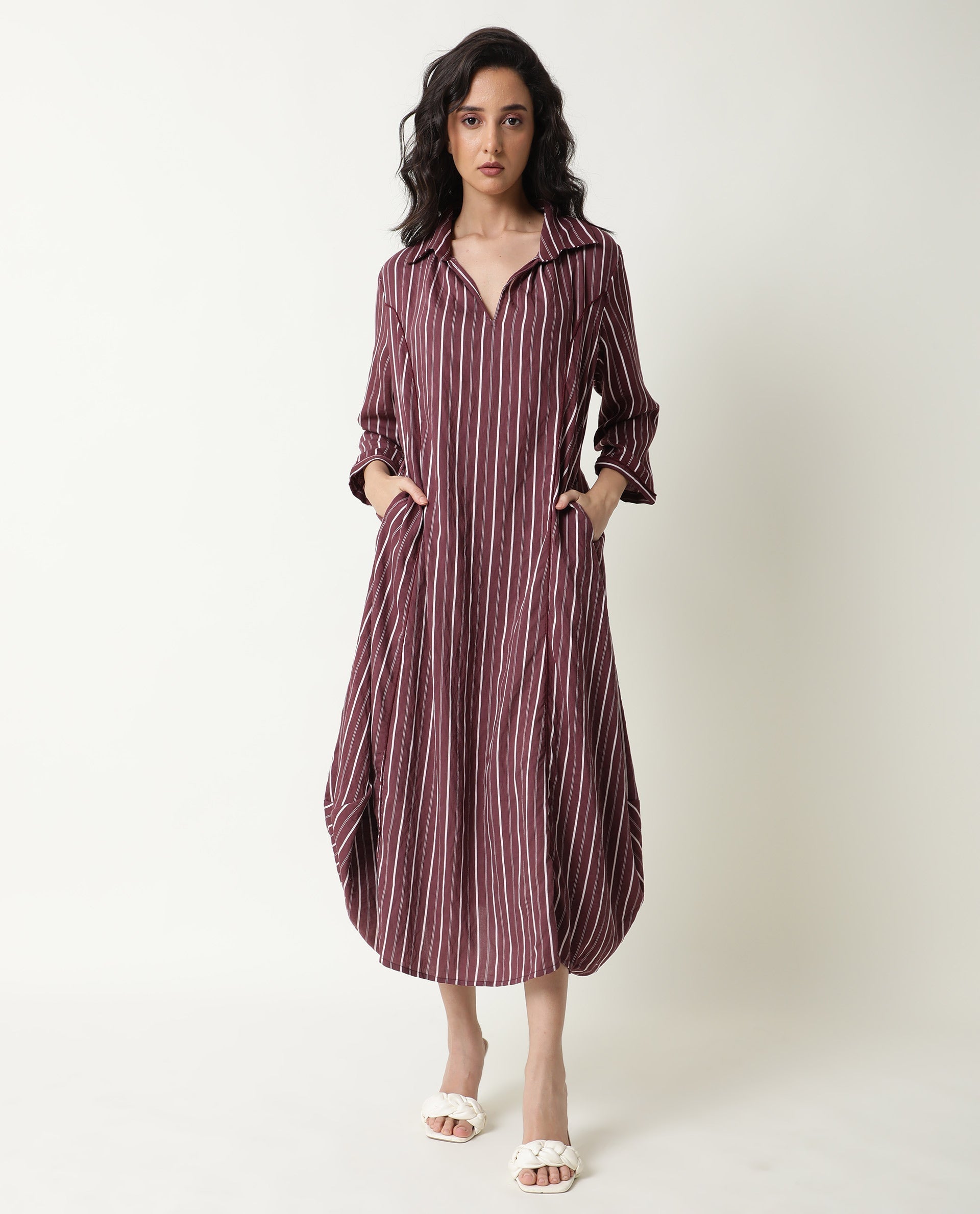 Rareism Women's Wakanda Maroon Spread Collar Striped Knee Length Regular Fit Dress