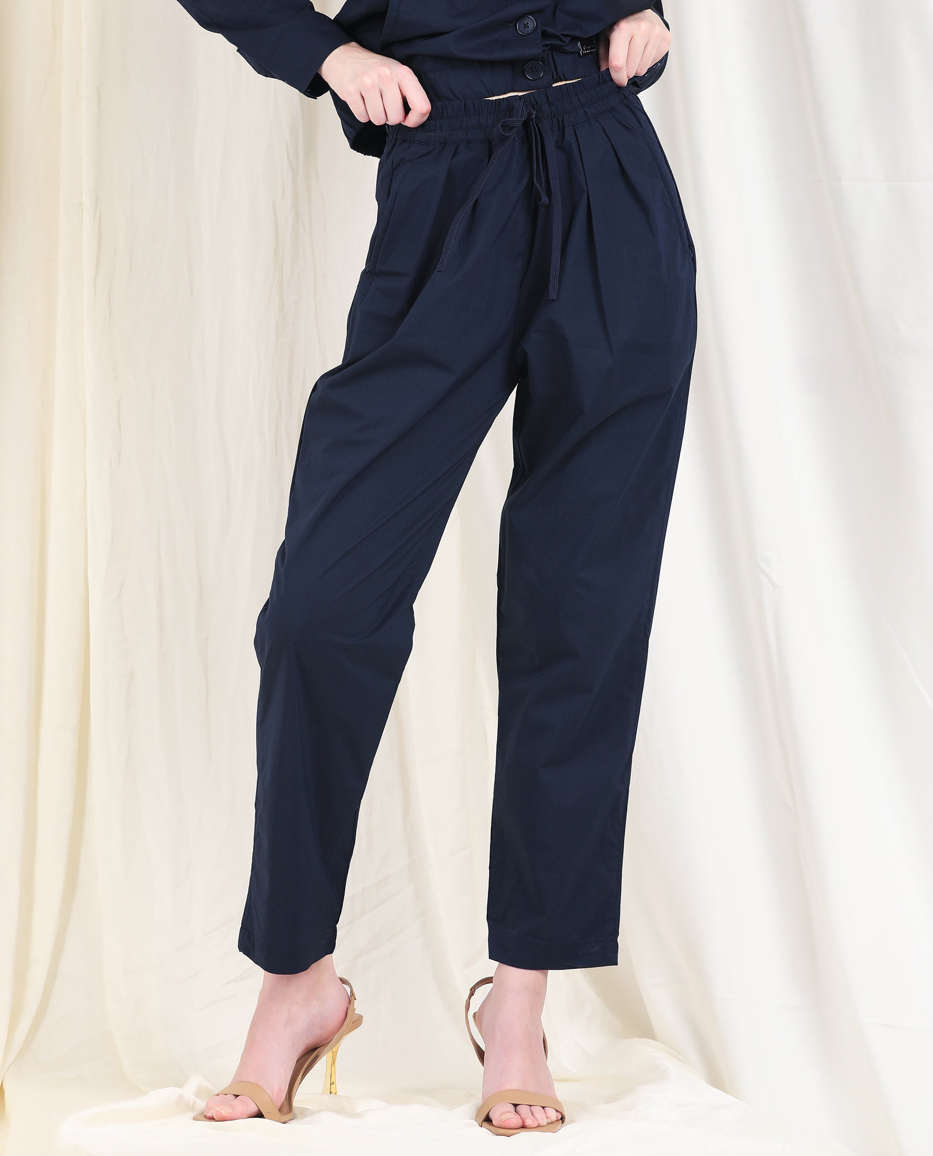 Rareism Women's Juven Navy Polyester Blend Plain Ankle Length Tapered Trouser