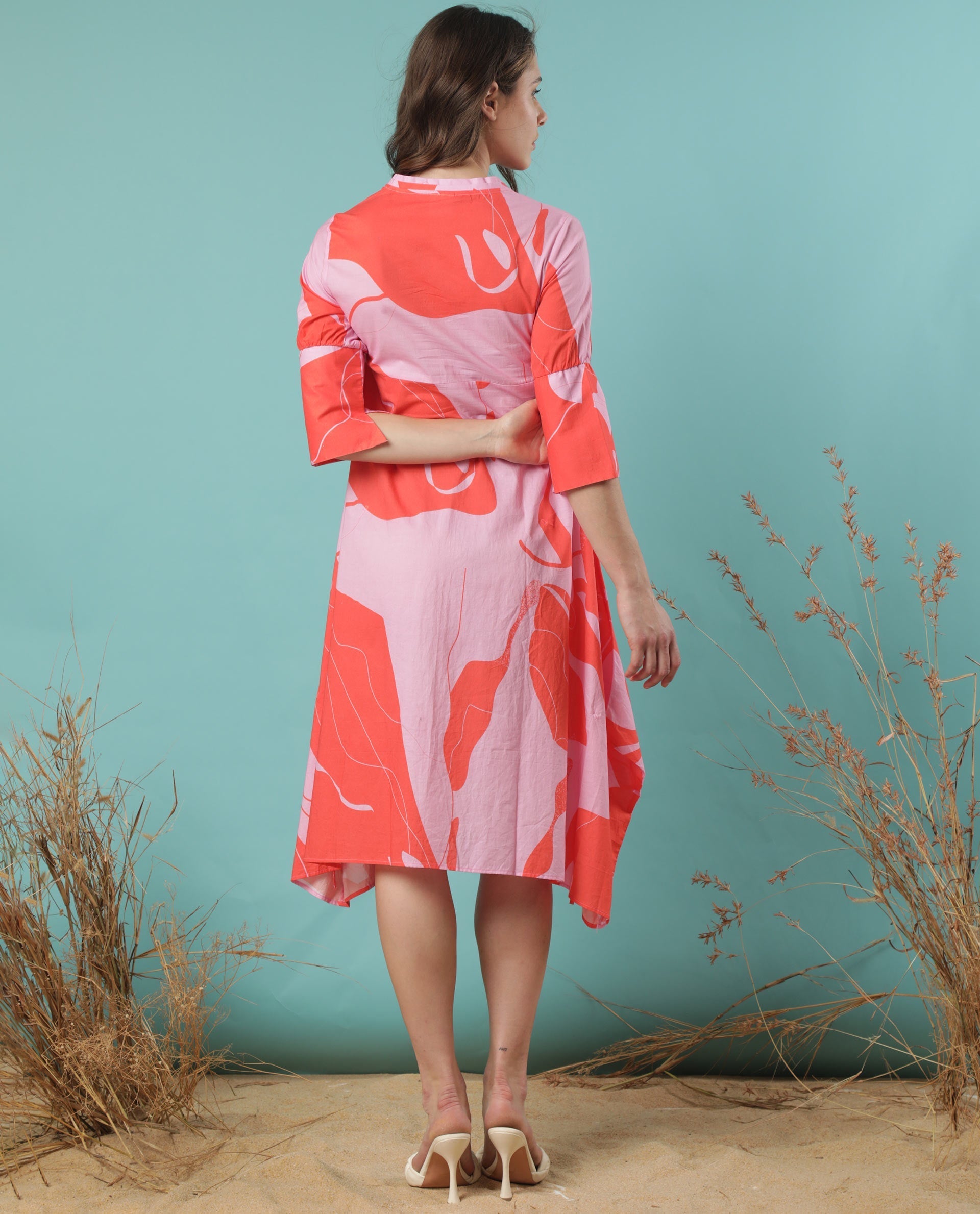 Rareism Women Daphne Orange Cotton Fabric 3/4Th Sleeves V-Neck Regular Fit Abstract Print Knee Length Asymmetric Dress