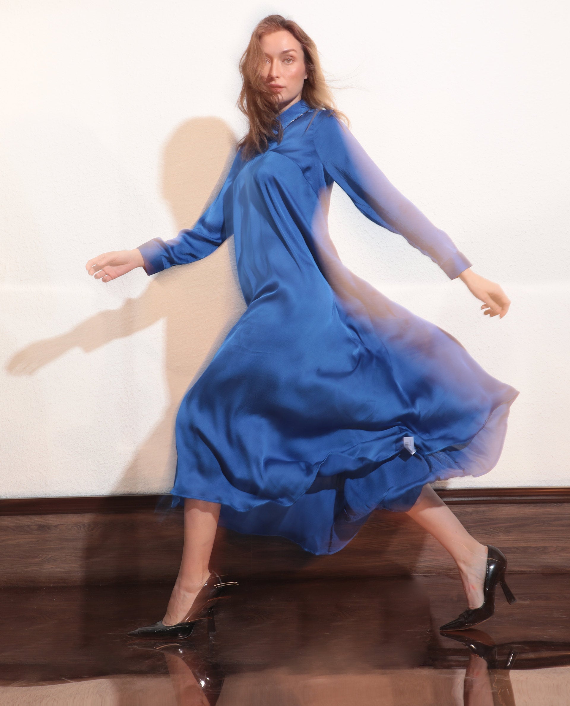 Rareism Women's Galaxyy Blue Modal Spread Collar Plain Maxi Regular Fit Dress