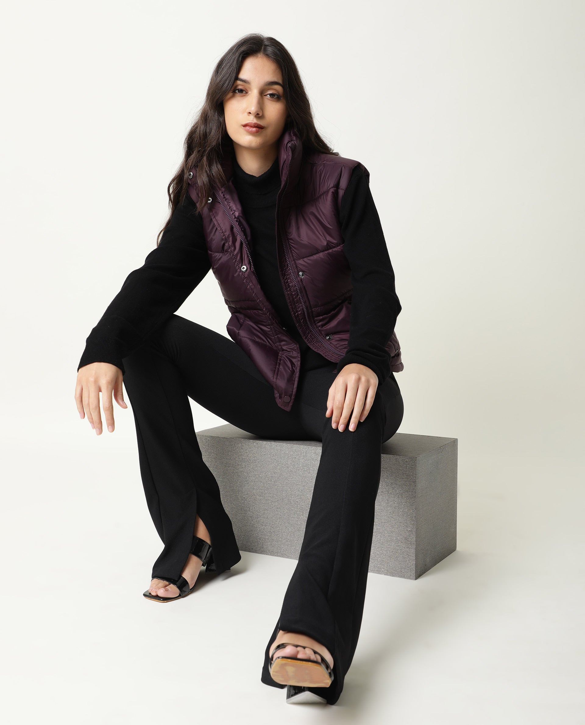 Rareism Women's Ziazan Maroon Polyester High Neck Plain Sleeveless Regular Fit Jacket