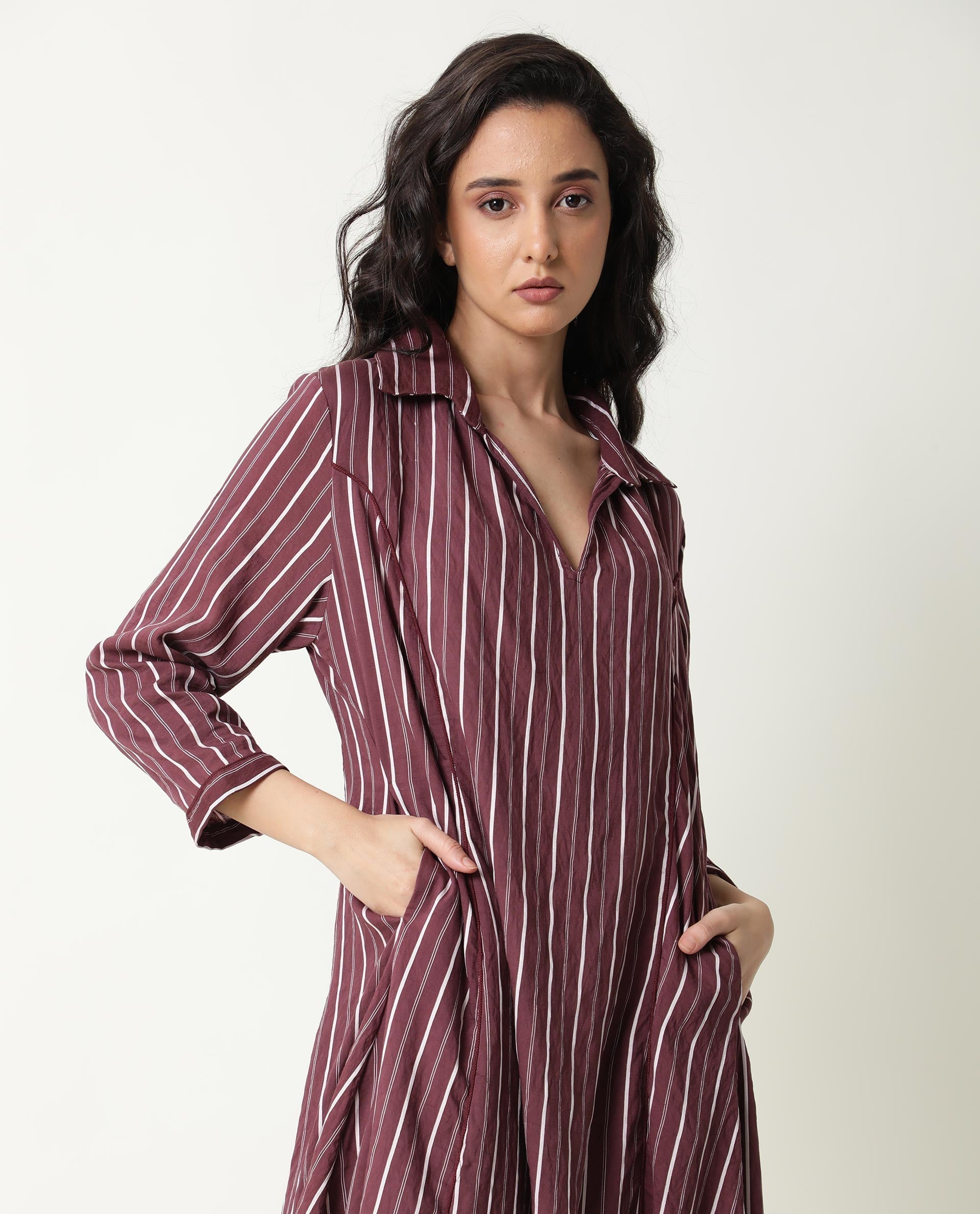 Rareism Women's Wakanda Maroon Spread Collar Striped Knee Length Regular Fit Dress