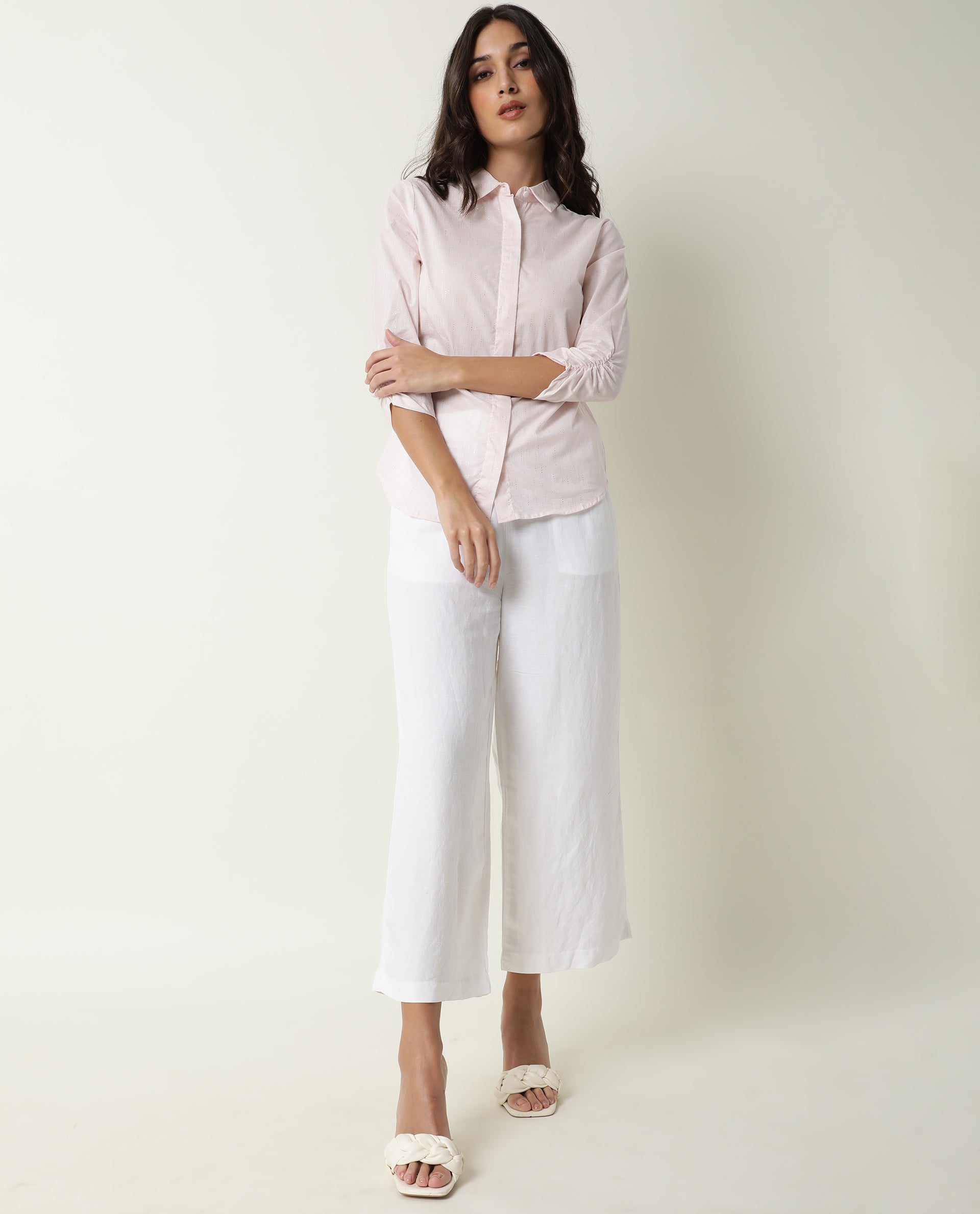 Rareism Women's Humpty Pink Spread Collar Plain Knee Length Regular Fit Top