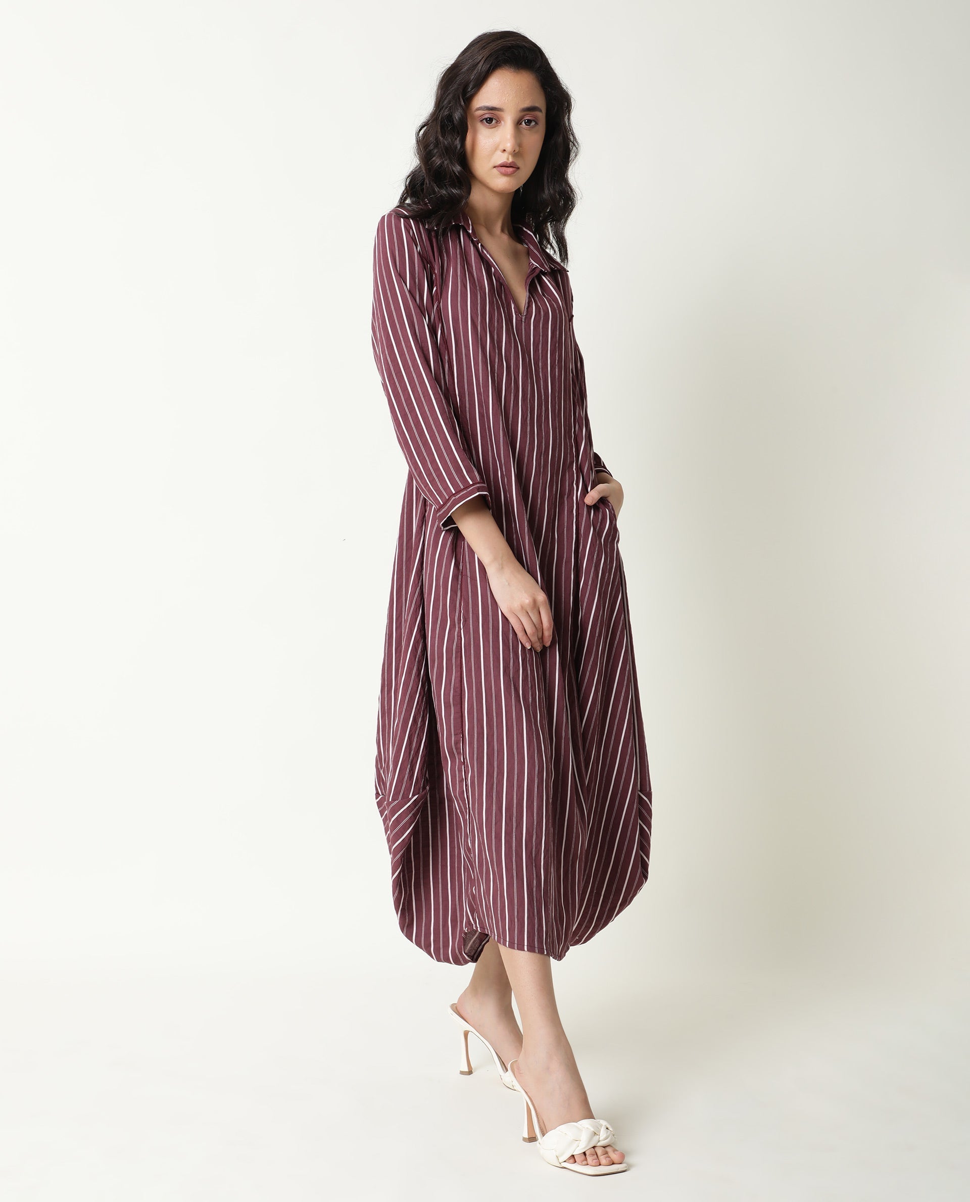 Rareism Women's Wakanda Maroon Spread Collar Striped Knee Length Regular Fit Dress