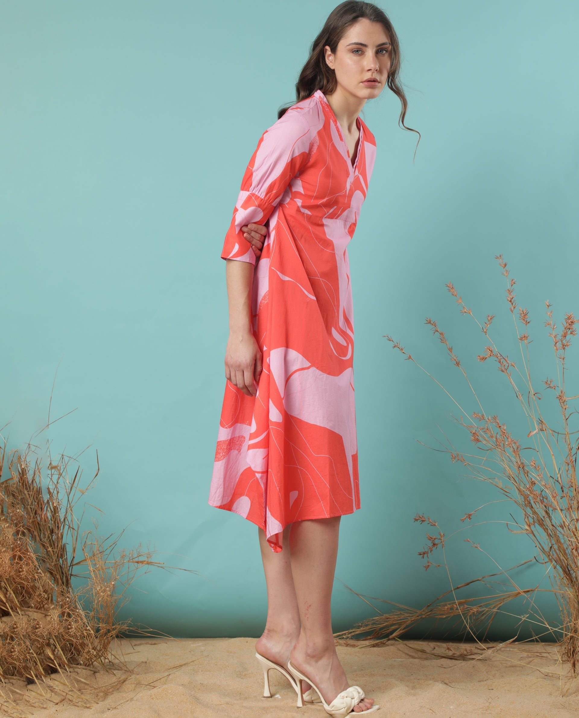 Rareism Women Daphne Orange Cotton Fabric 3/4Th Sleeves V-Neck Regular Fit Abstract Print Knee Length Asymmetric Dress