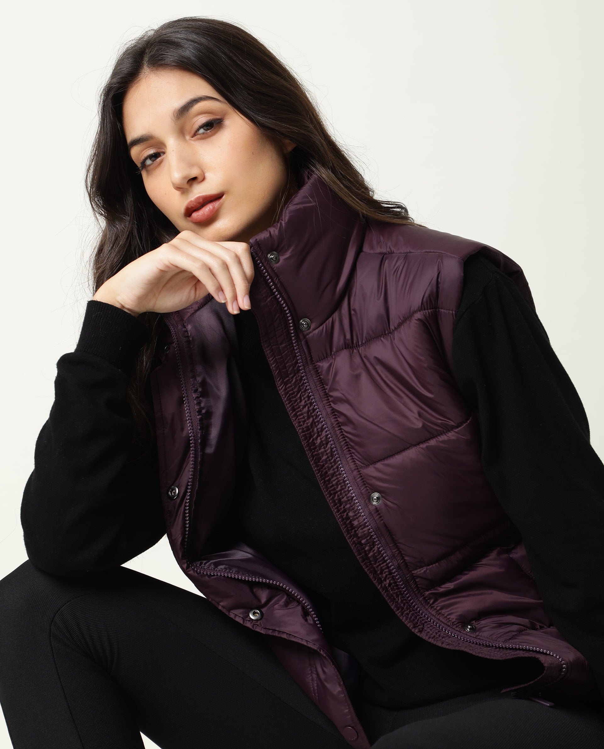 Rareism Women's Ziazan Maroon Polyester High Neck Plain Sleeveless Regular Fit Jacket