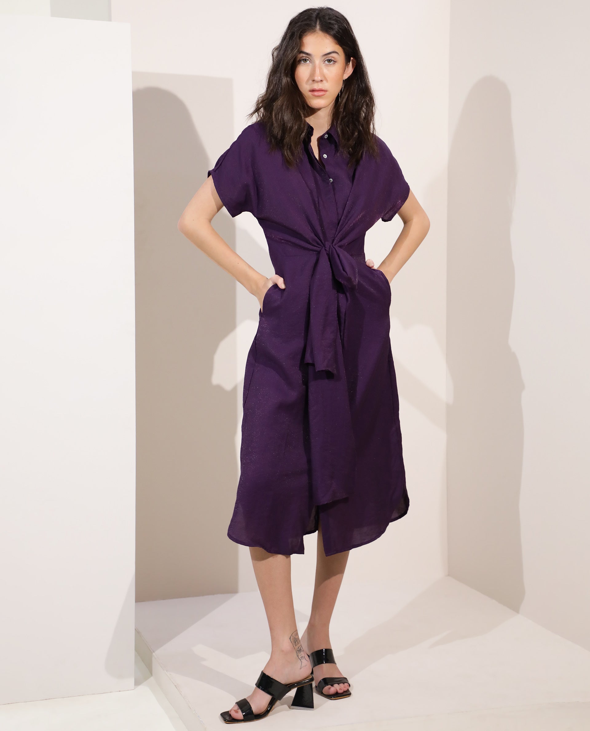 Rareism Women Kori Purple Dress Rayon Nylon Fabric Full Sleeves Solid