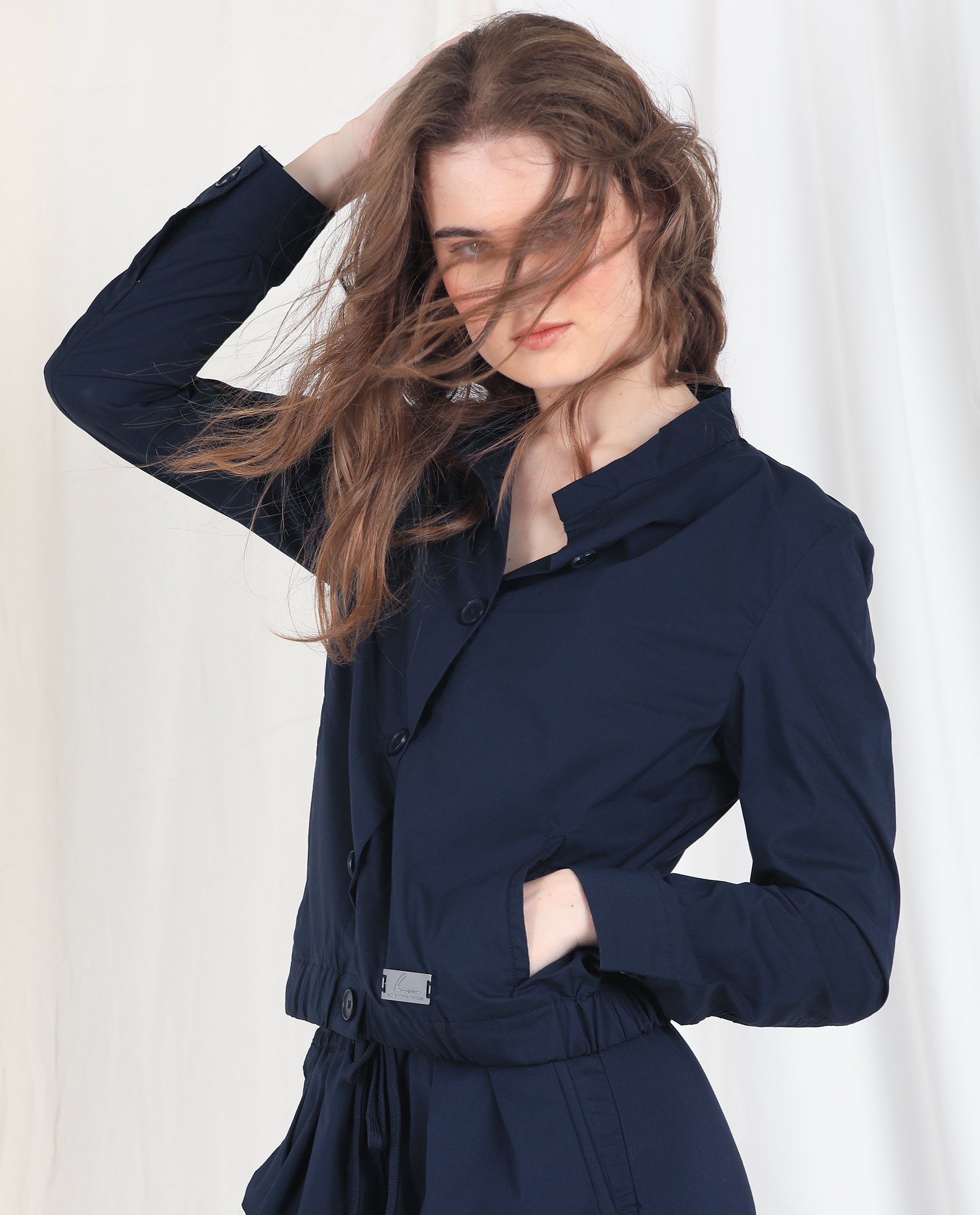 Rareism Women's Aomori Navy Polyester Blend Mandarin Collar Plain Regular Fit Jacket
