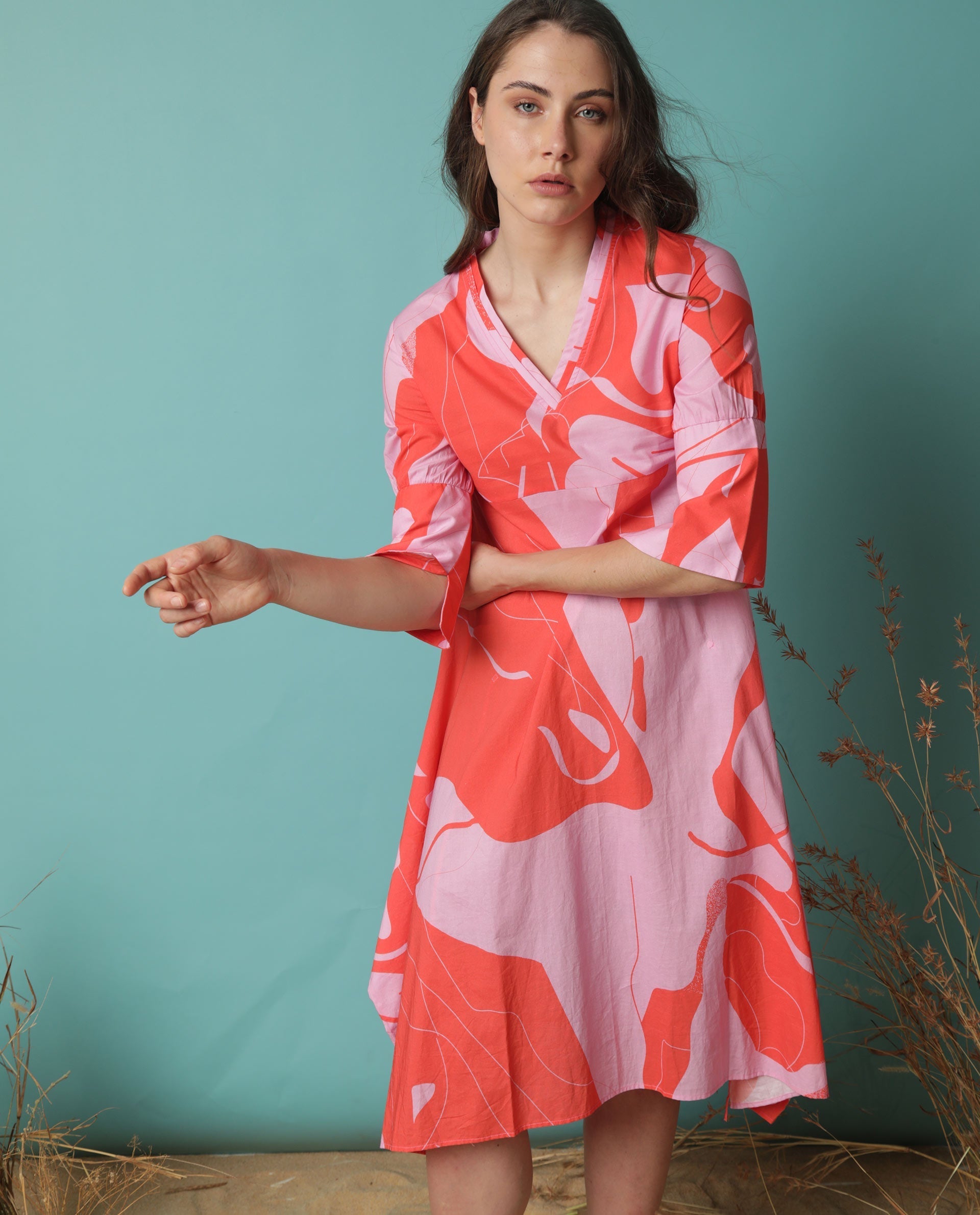 Rareism Women Daphne Orange Cotton Fabric 3/4Th Sleeves V-Neck Regular Fit Abstract Print Knee Length Asymmetric Dress