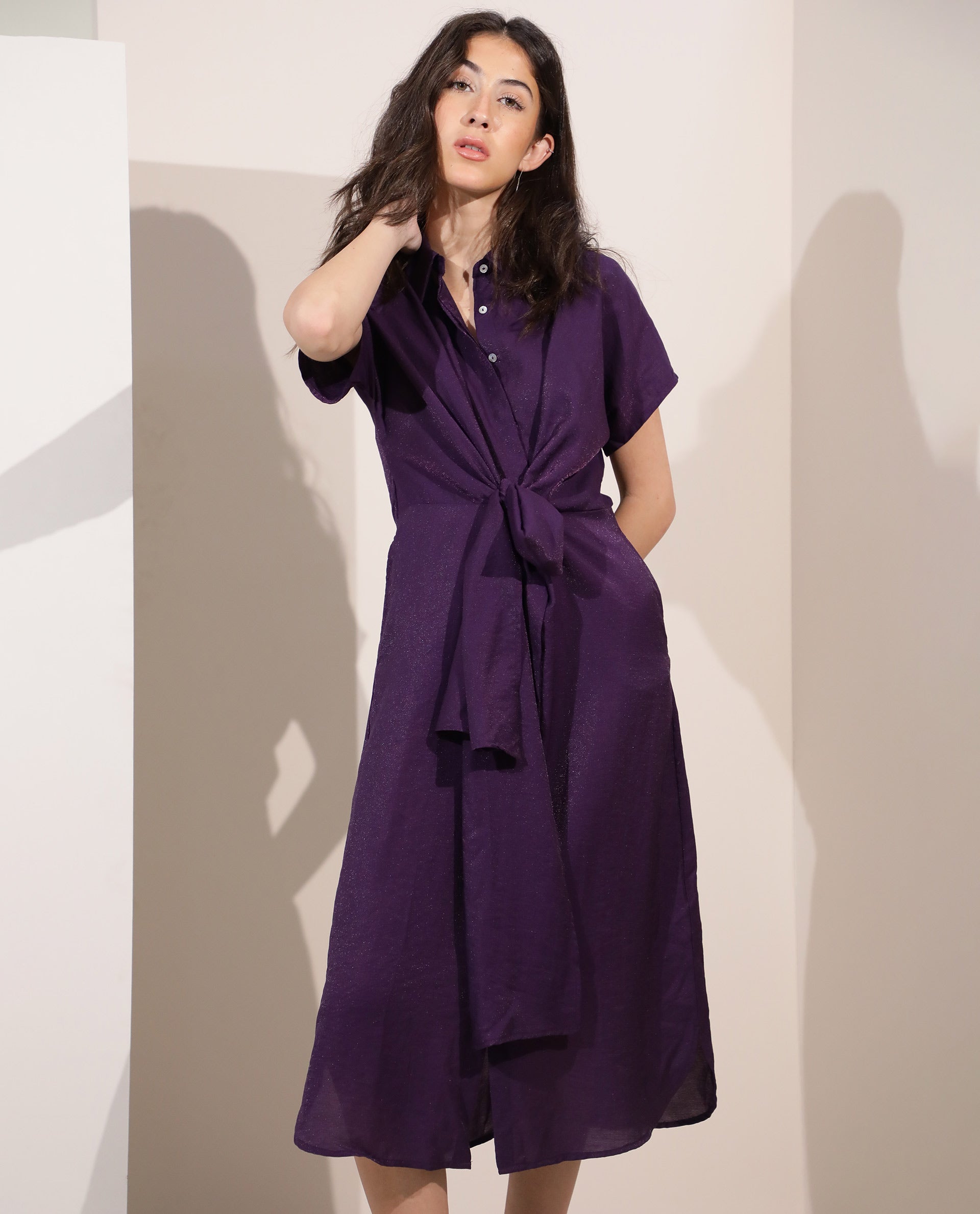 Rareism Women Kori Purple Dress Rayon Nylon Fabric Full Sleeves Solid