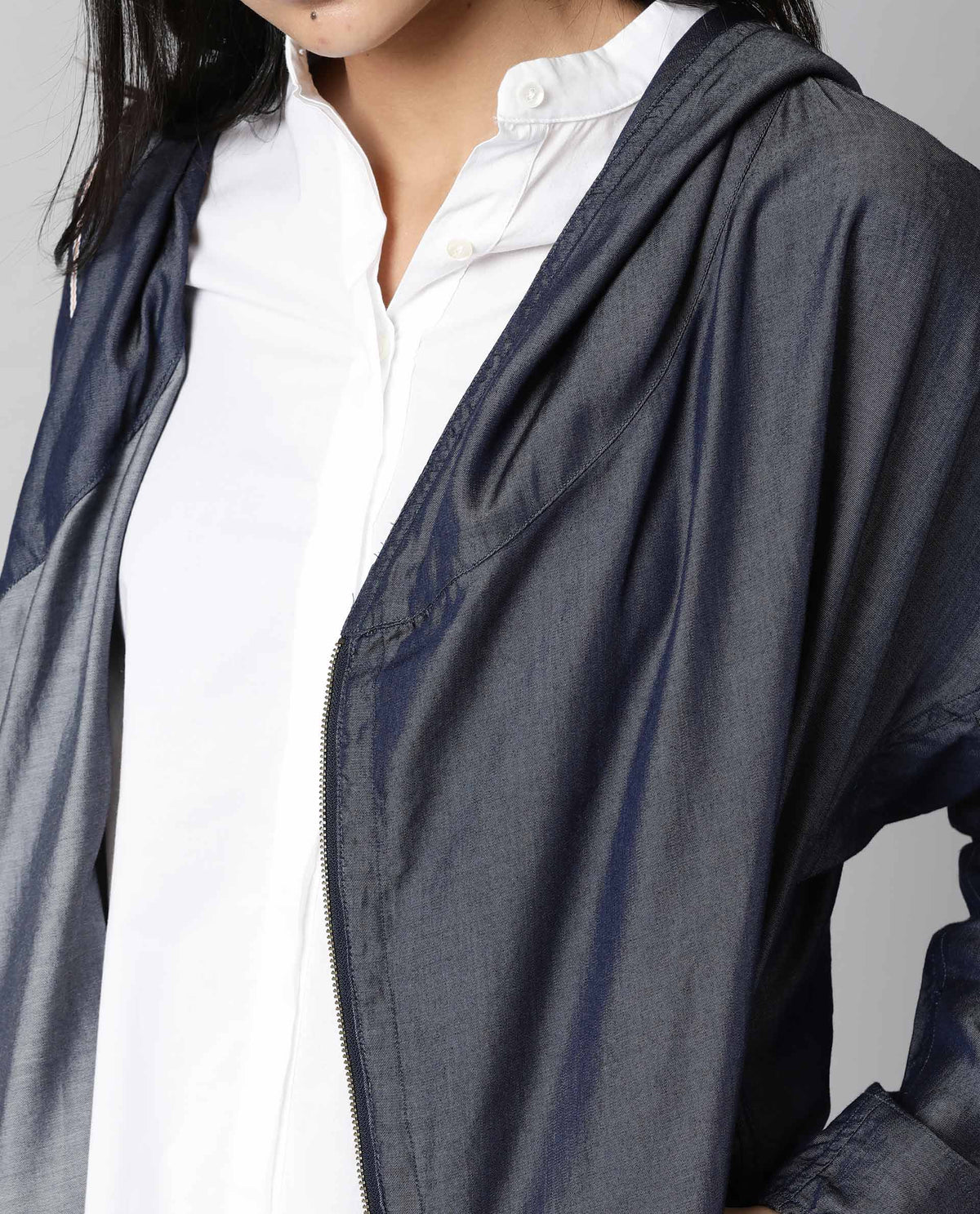 Rareism Womens Hemp Bark Blue Hoodie Zipper Closure