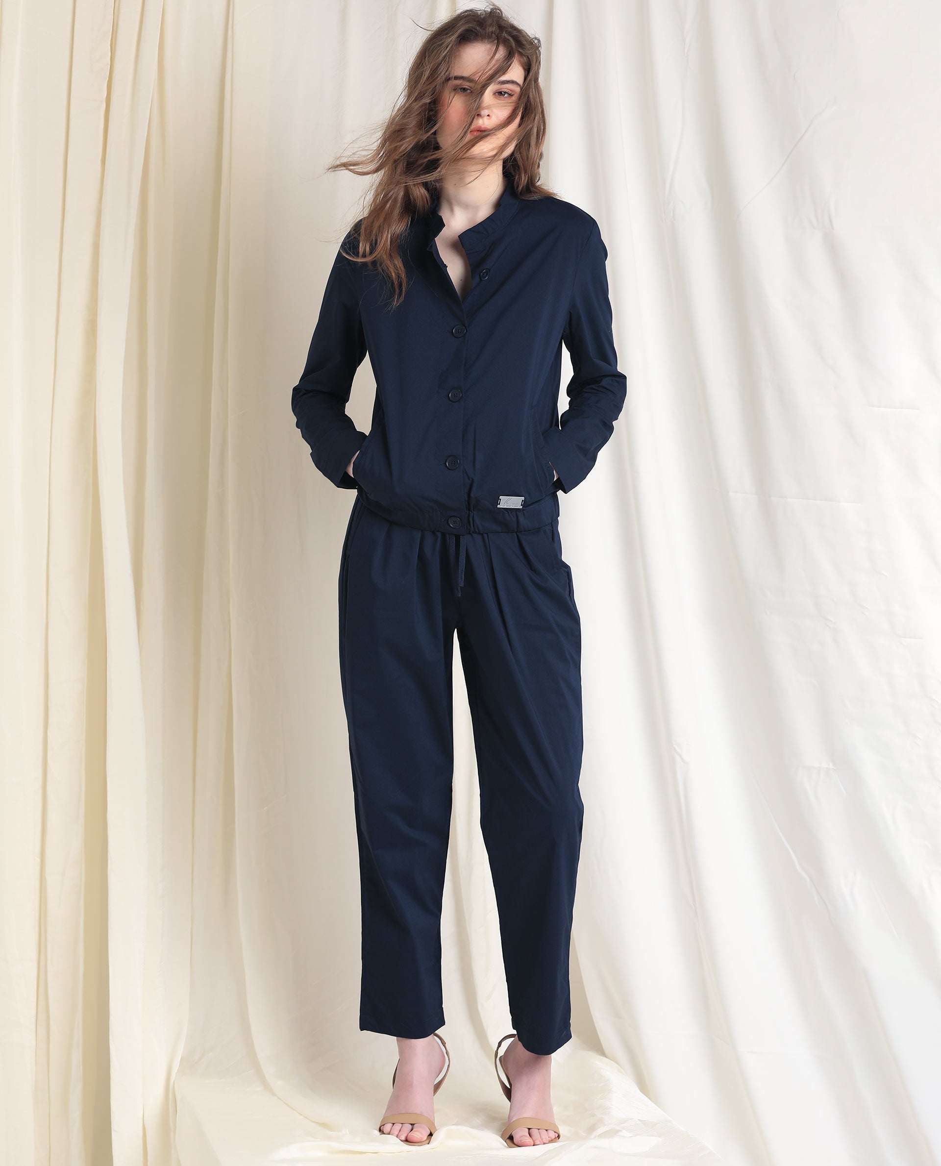 Rareism Women's Juven Navy Polyester Blend Plain Ankle Length Tapered Trouser
