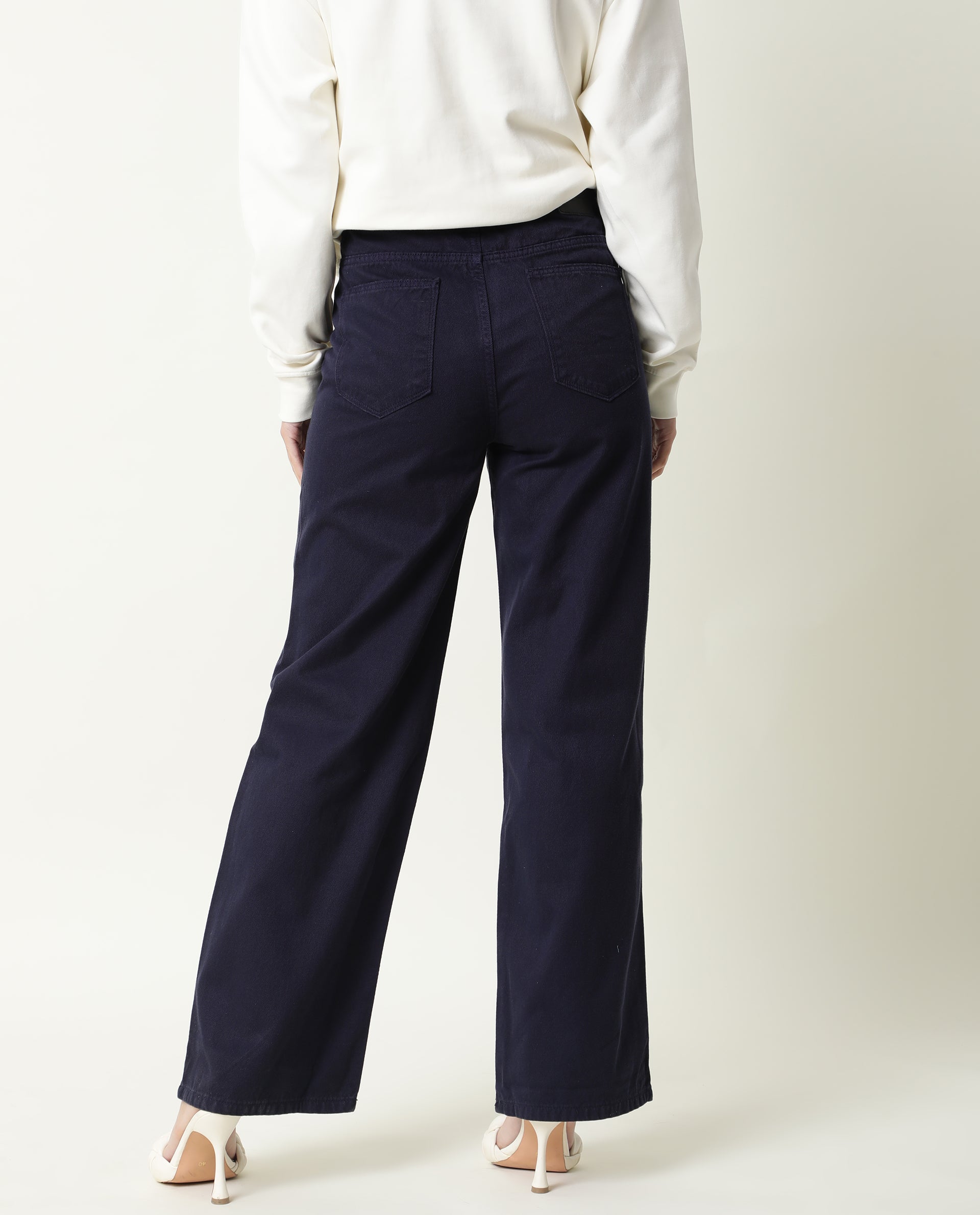Rareism Womens Ginno Navy Trouser Cotton Fabric Regular Fit Button Closure High Rise Waist Rise Ankle Length