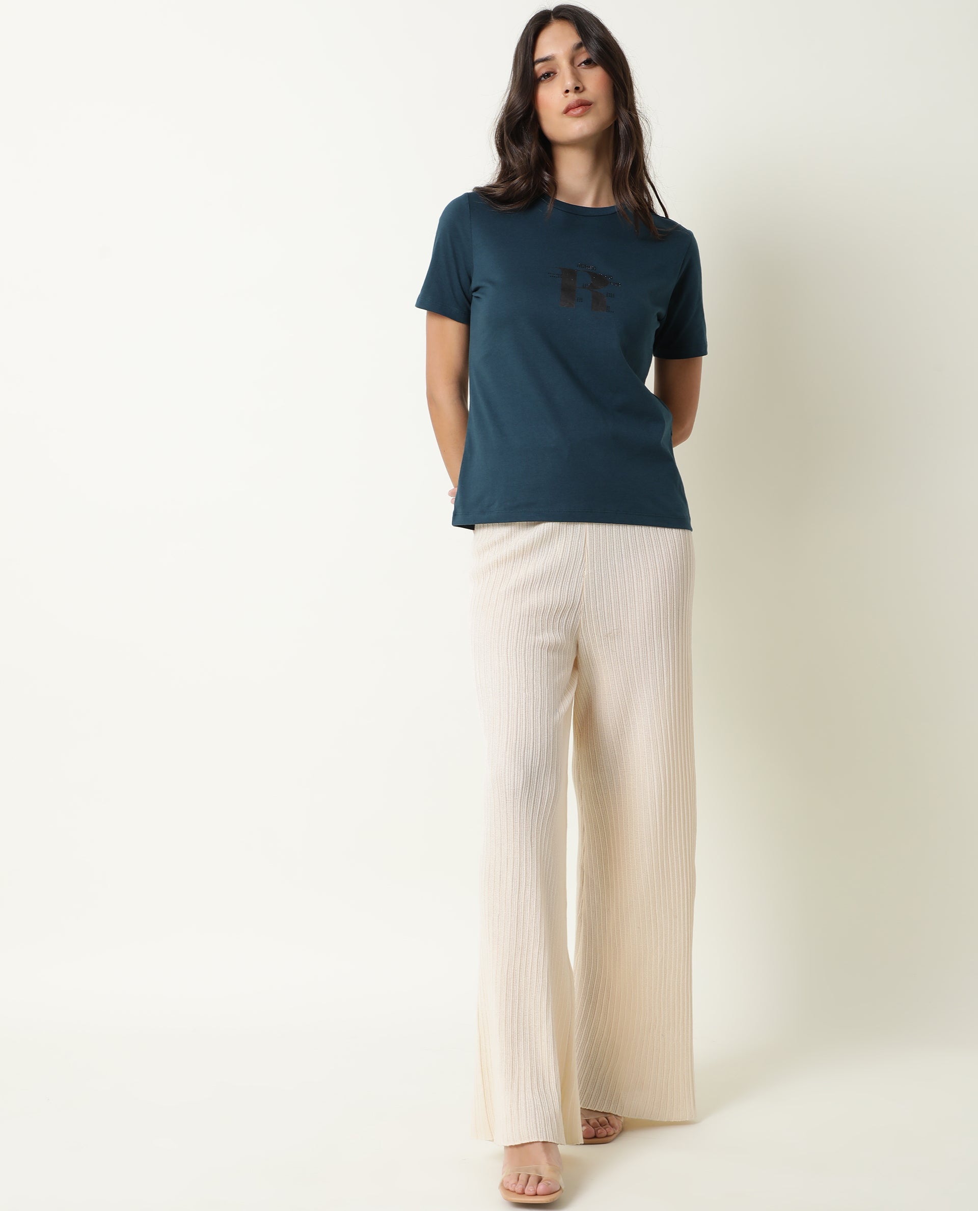 Rareism Women Moes Petrol Cotton Fabric Regular Fit Half Sleeves Graphic Print Crew Neck T-Shirt