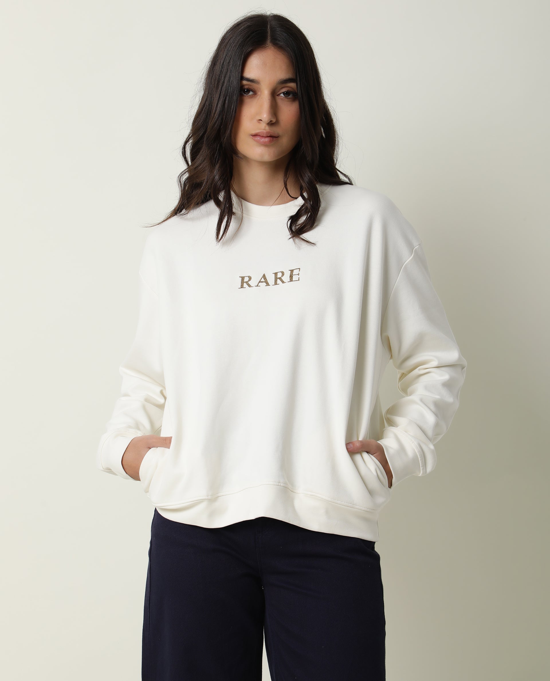 Rareism Womens Goldy Off White Sweatshirt Crew Neck Full Sleeve Cotton Blend Fabric Relaxed Fit