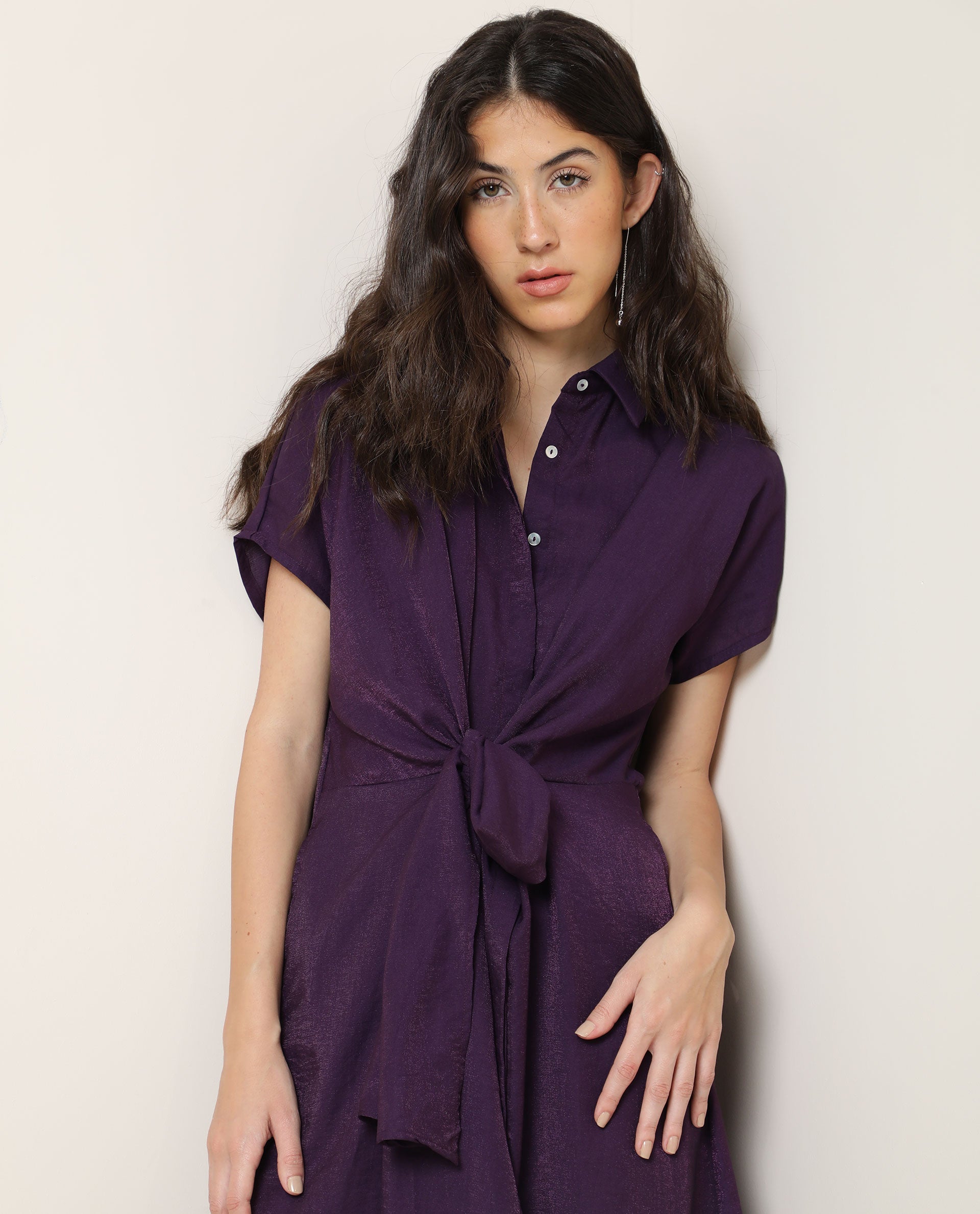 Rareism Women Kori Purple Dress Rayon Nylon Fabric Full Sleeves Solid