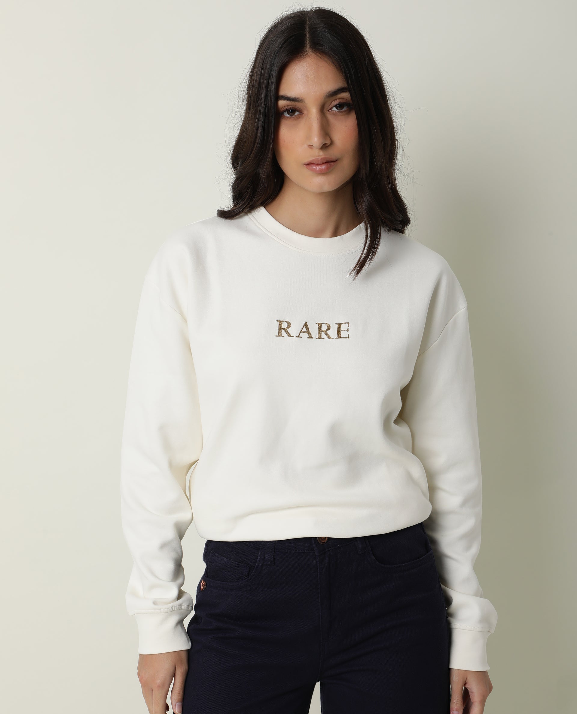 Rareism Womens Goldy Off White Sweatshirt Crew Neck Full Sleeve Cotton Blend Fabric Relaxed Fit