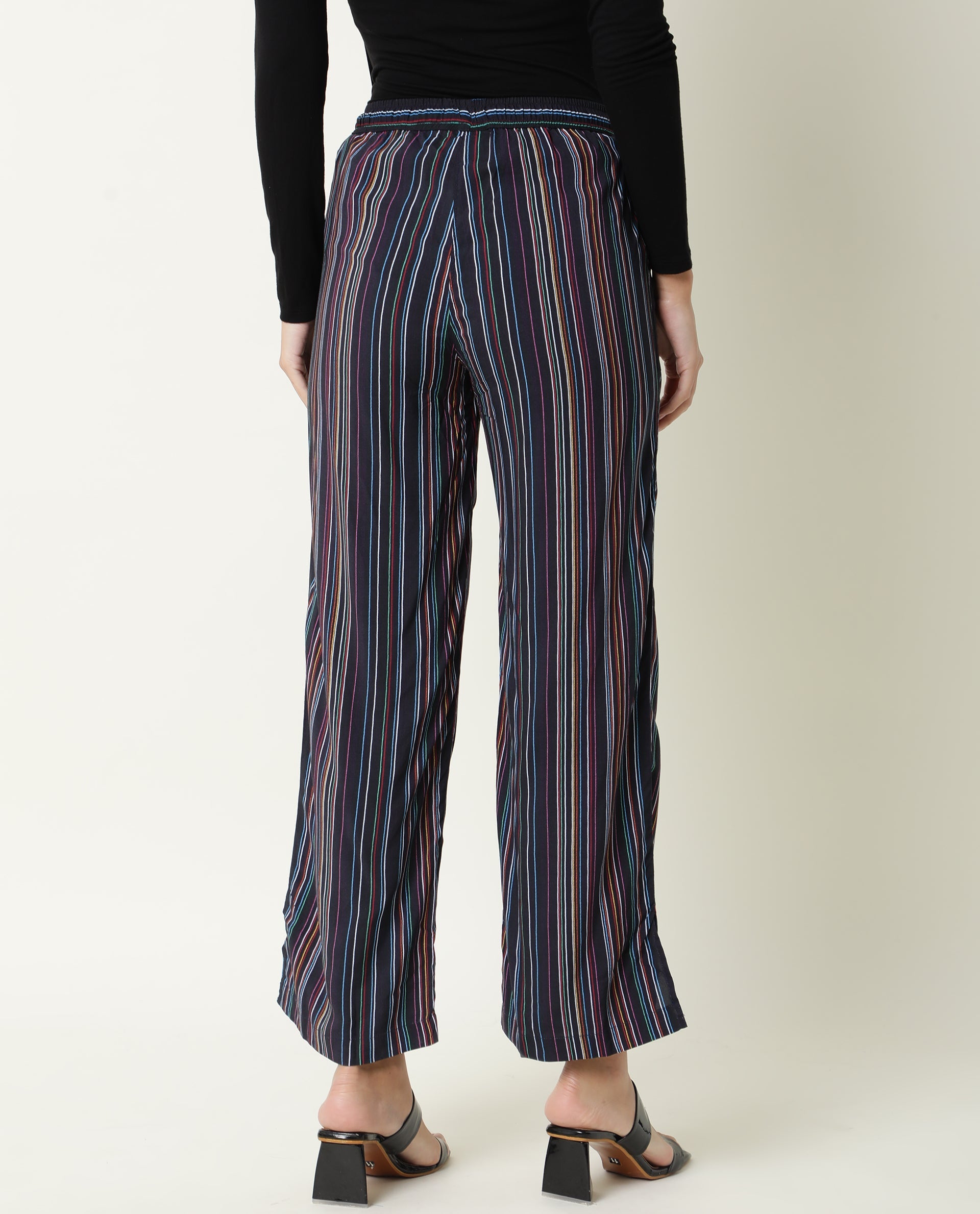 Rareism Women's Moose Black Viscose Striped Ankle Length Tailored Trouser