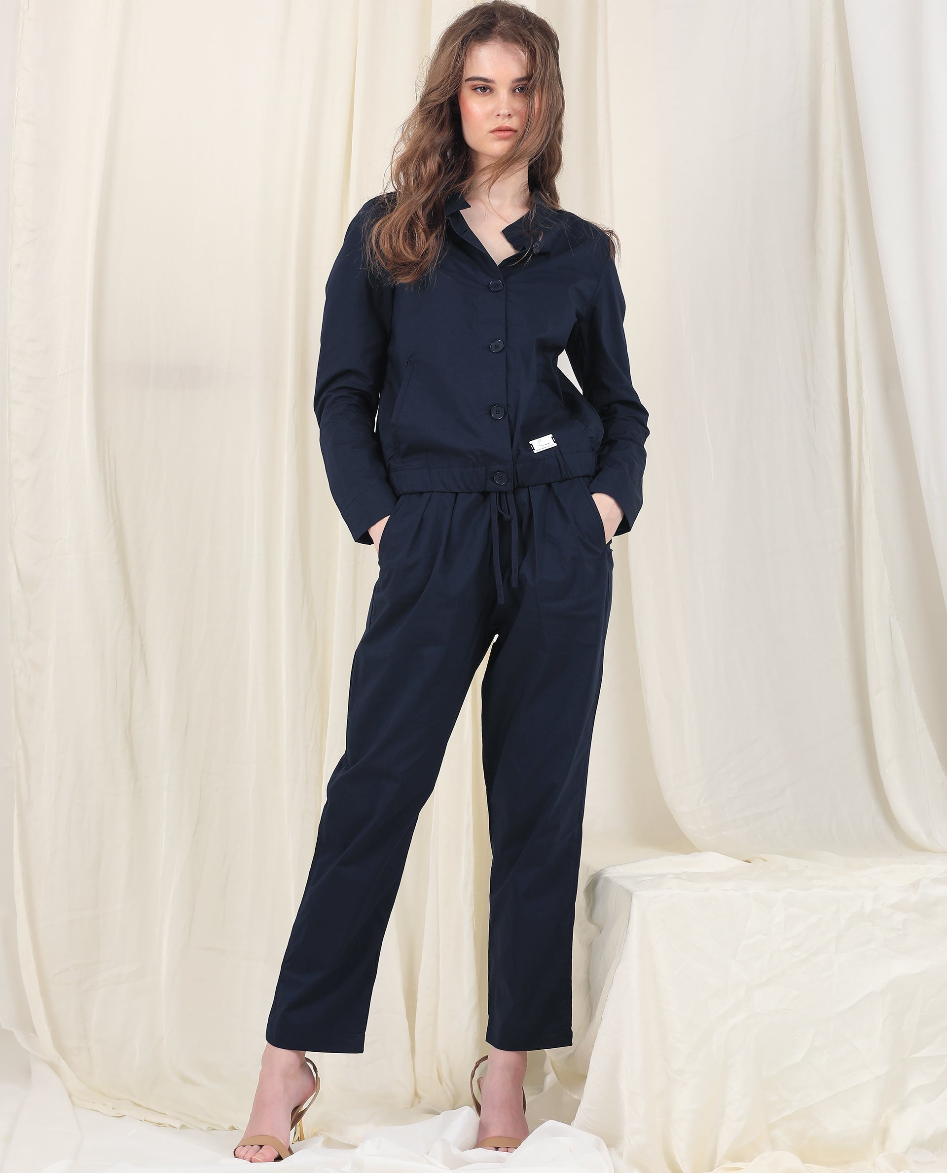 Rareism Women's Aomori Navy Polyester Blend Mandarin Collar Plain Regular Fit Jacket