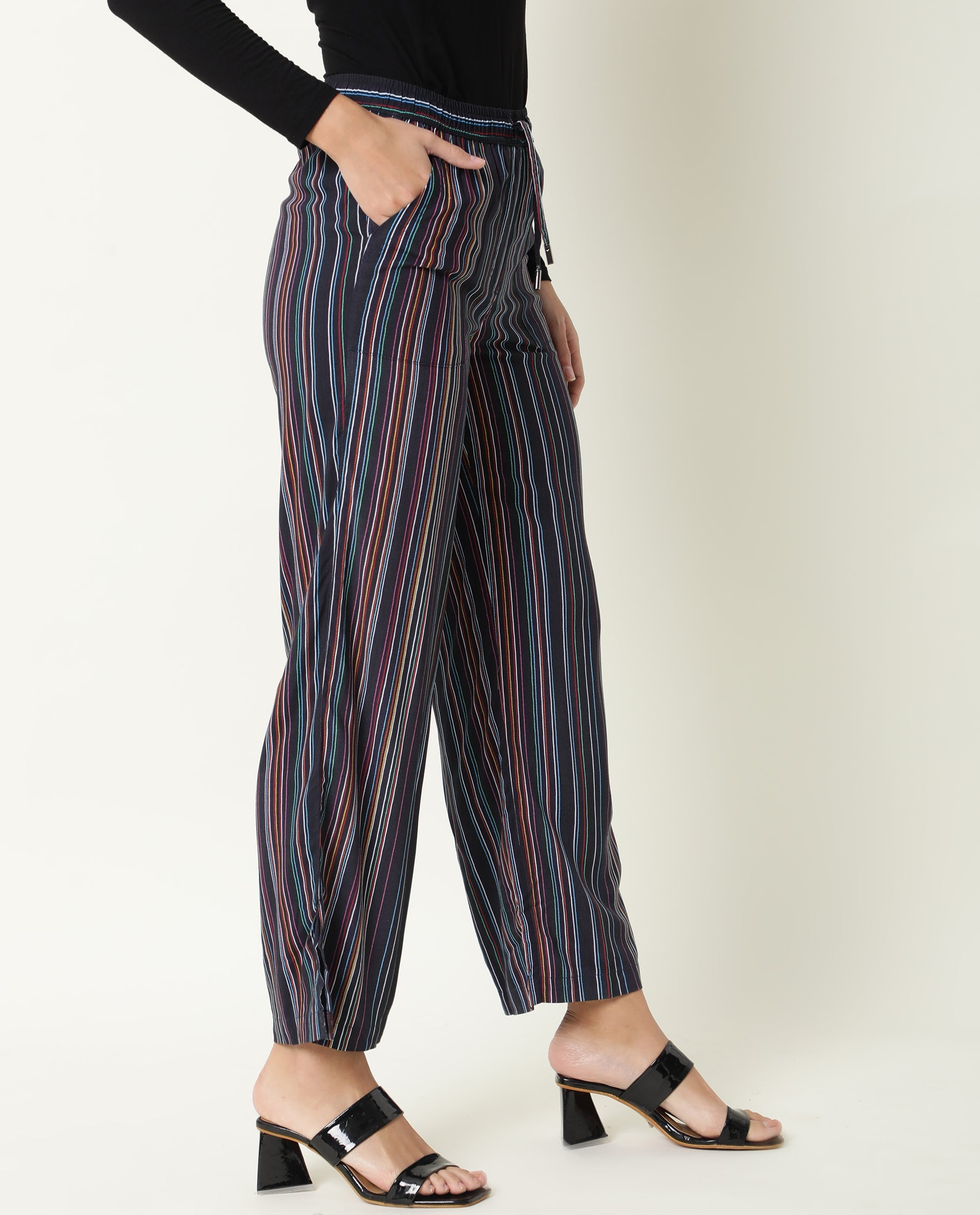 Rareism Women's Moose Black Viscose Striped Ankle Length Tailored Trouser