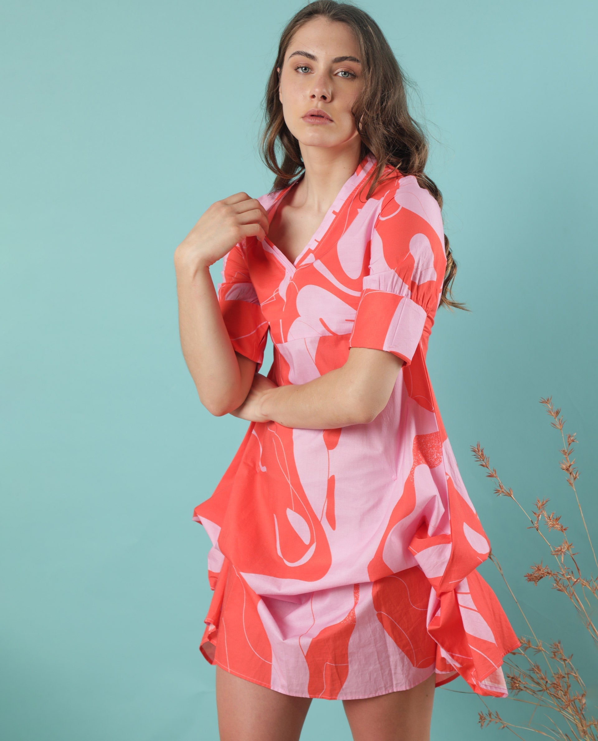 Rareism Women Daphne Orange Cotton Fabric 3/4Th Sleeves V-Neck Regular Fit Abstract Print Knee Length Asymmetric Dress