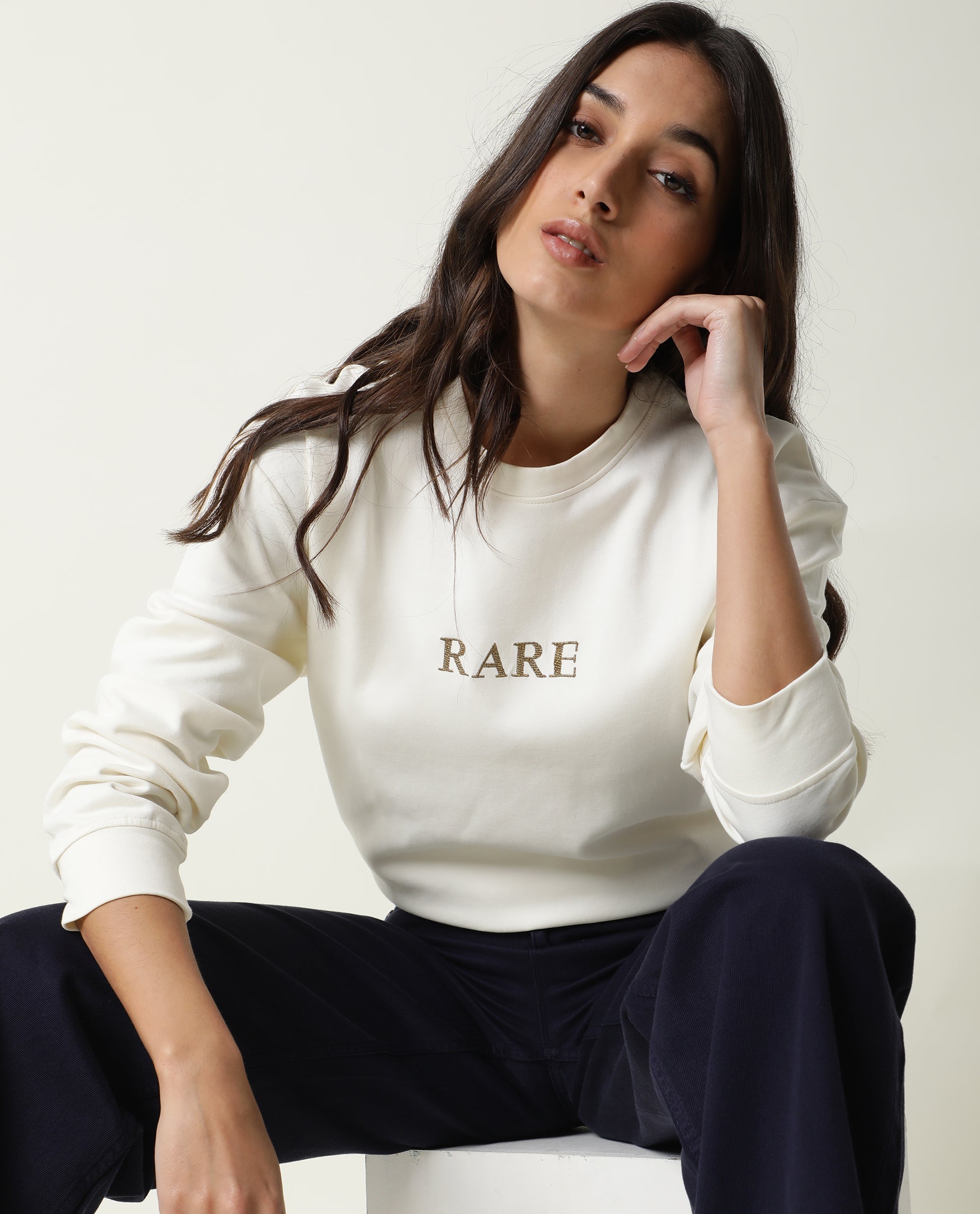 Rareism Womens Goldy Off White Sweatshirt Crew Neck Full Sleeve Cotton Blend Fabric Relaxed Fit