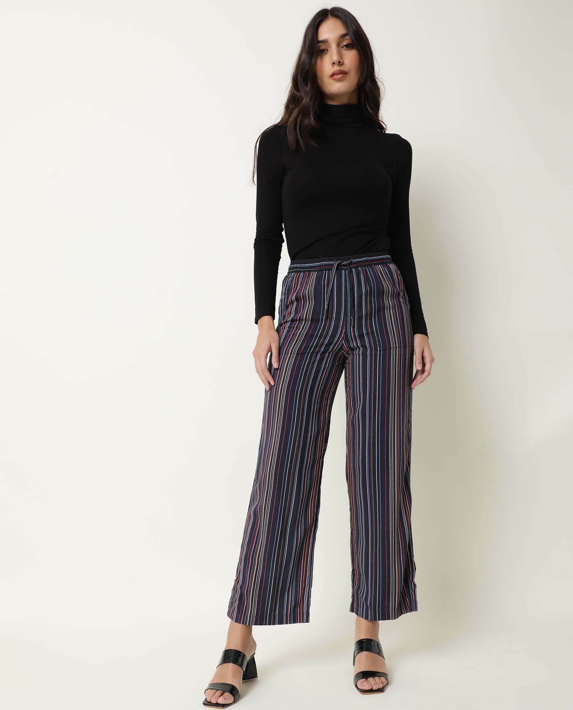 Rareism Women's Moose Black Viscose Striped Ankle Length Tailored Trouser
