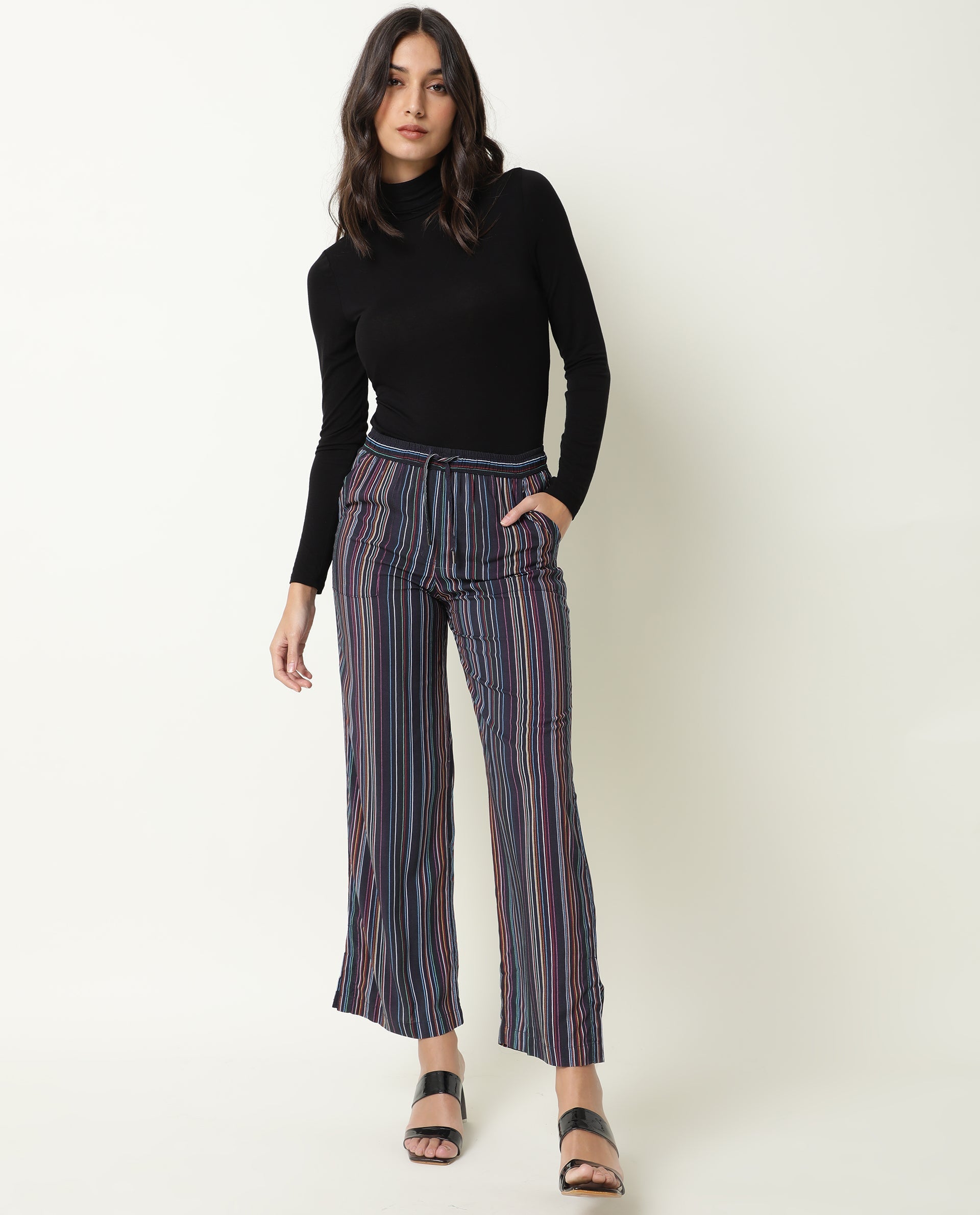 Rareism Women's Moose Black Viscose Striped Ankle Length Tailored Trouser