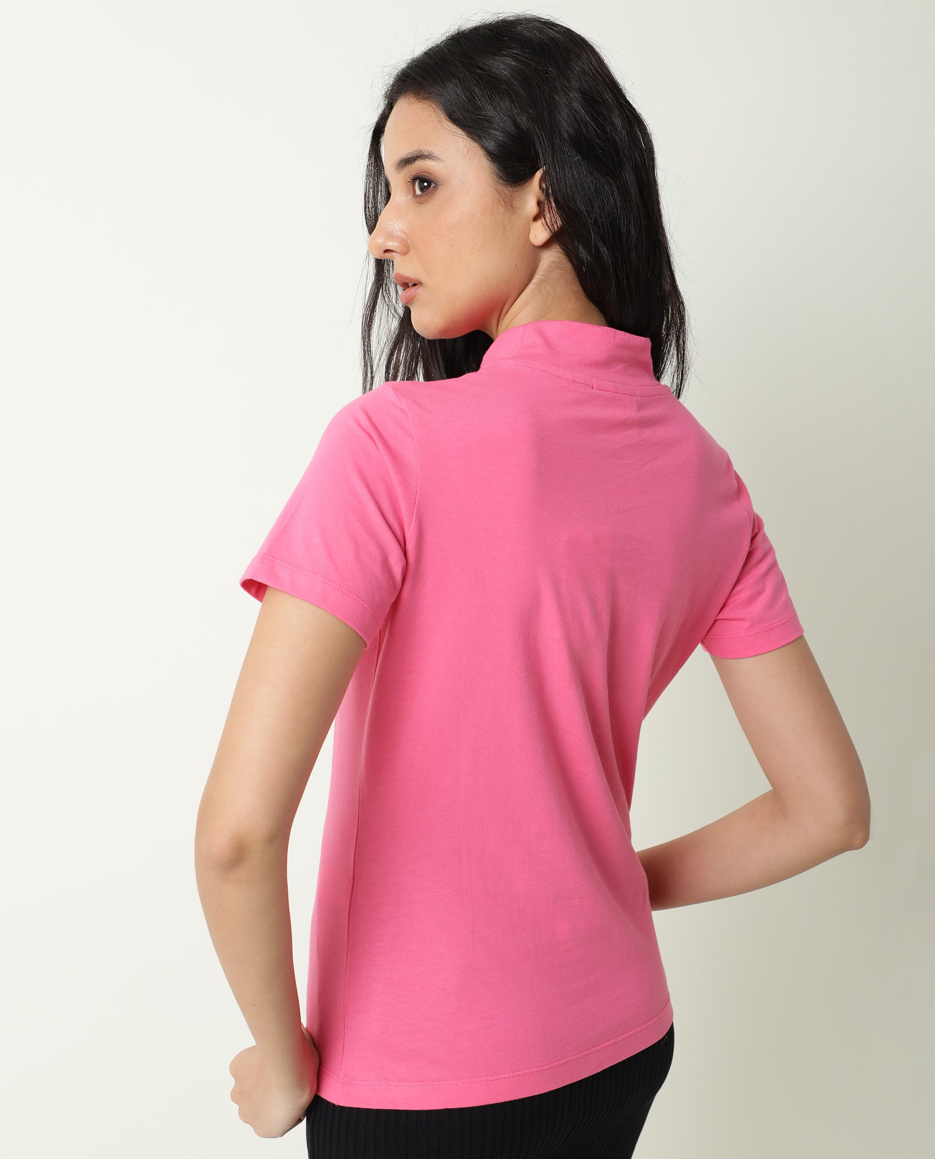 Rareism Women's Zolten Pink Cotton Crew Neck Plain Regular Fit T-Shirt