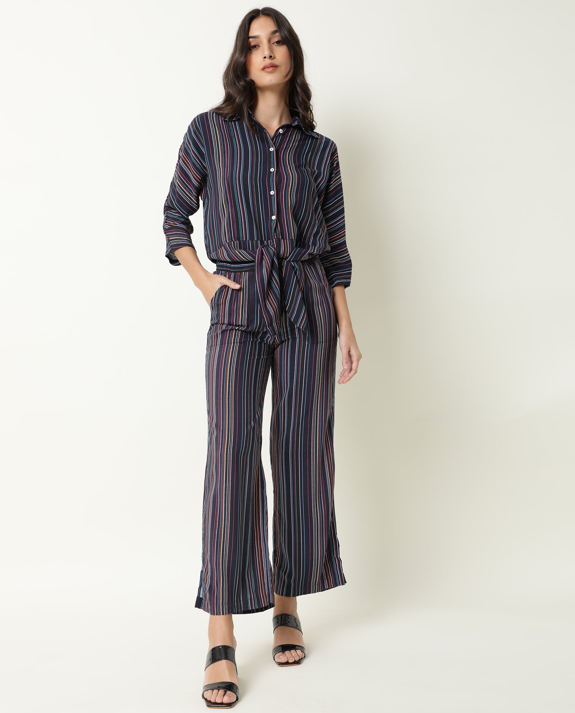 Rareism Women Thesis Black Viscose Fabric Relaxed Fit Collarless 3/4Th Sleeves Striped Top