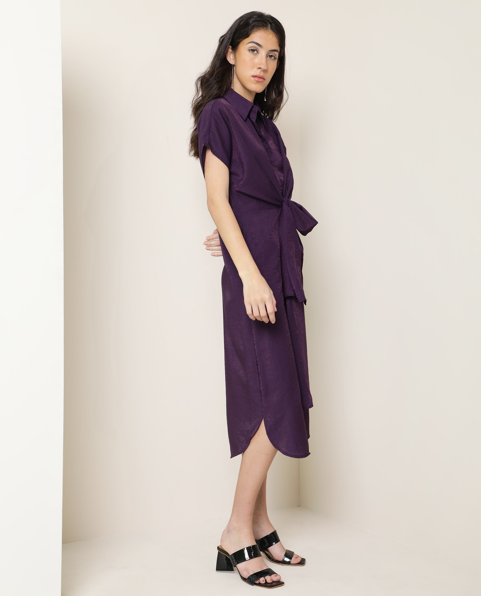 Rareism Women Kori Purple Dress Rayon Nylon Fabric Full Sleeves Solid