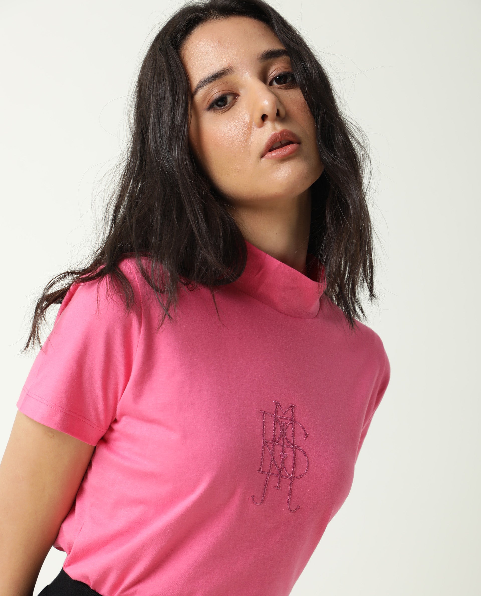 Rareism Women's Zolten Pink Cotton Crew Neck Plain Regular Fit T-Shirt