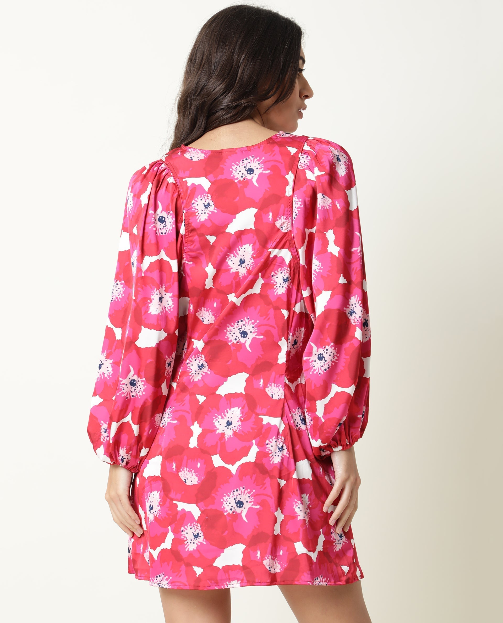 Rareism Women's Margn Red Cotton Blend Crew Neck Abstract Print Puff Sleeves Knee Length Regular Fit Dress