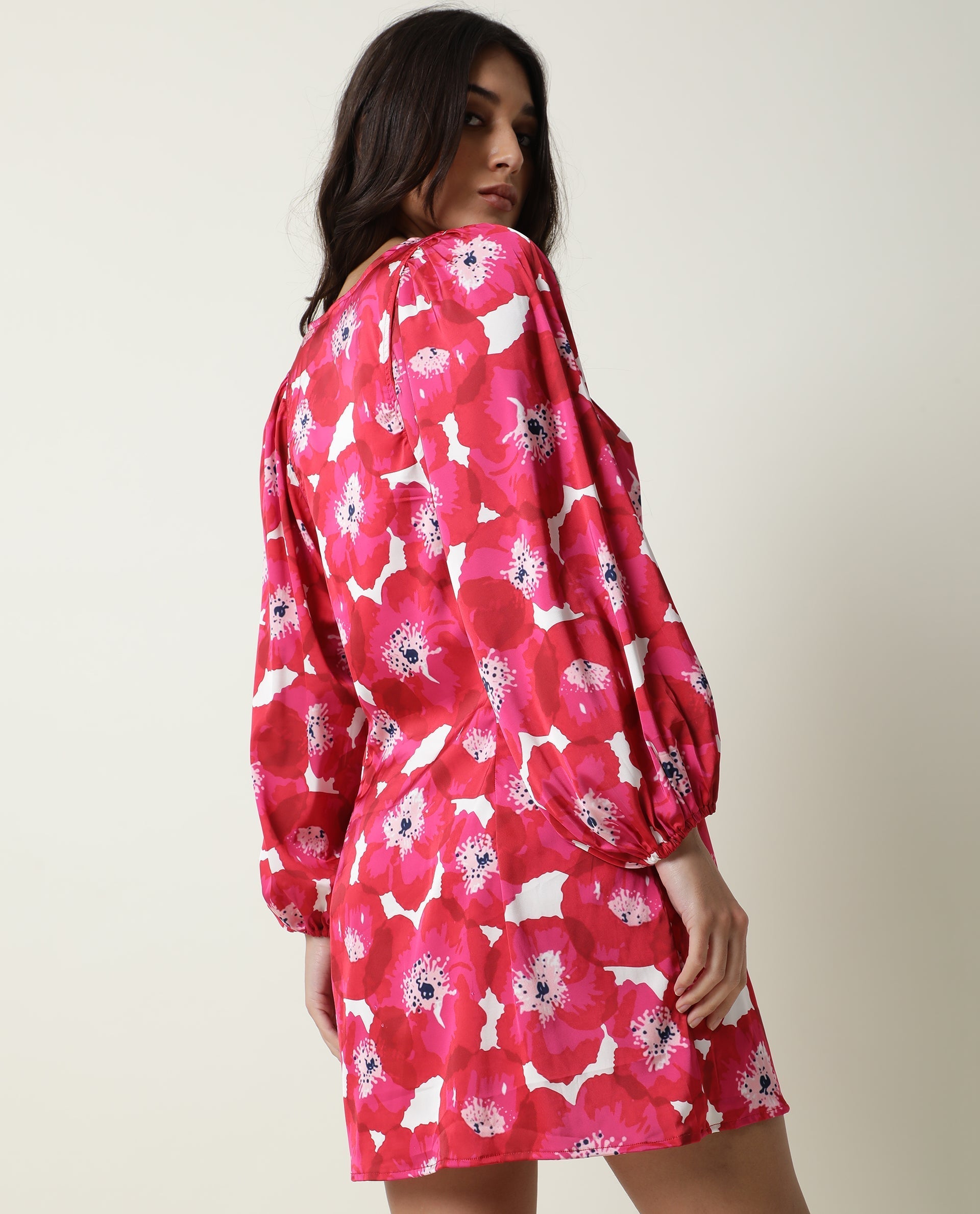 Rareism Women's Margn Red Cotton Blend Crew Neck Abstract Print Puff Sleeves Knee Length Regular Fit Dress