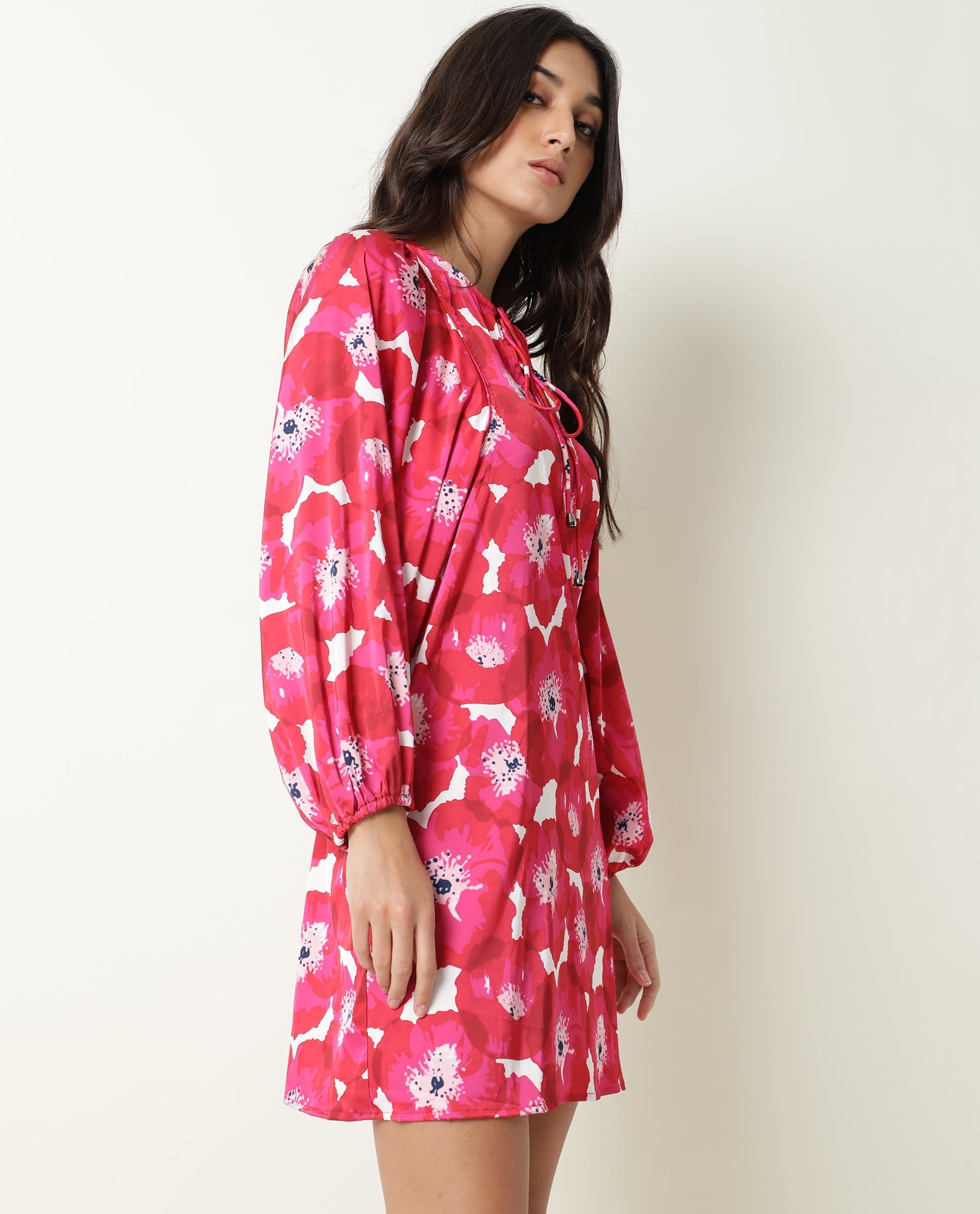Rareism Women's Margn Red Cotton Blend Crew Neck Abstract Print Puff Sleeves Knee Length Regular Fit Dress
