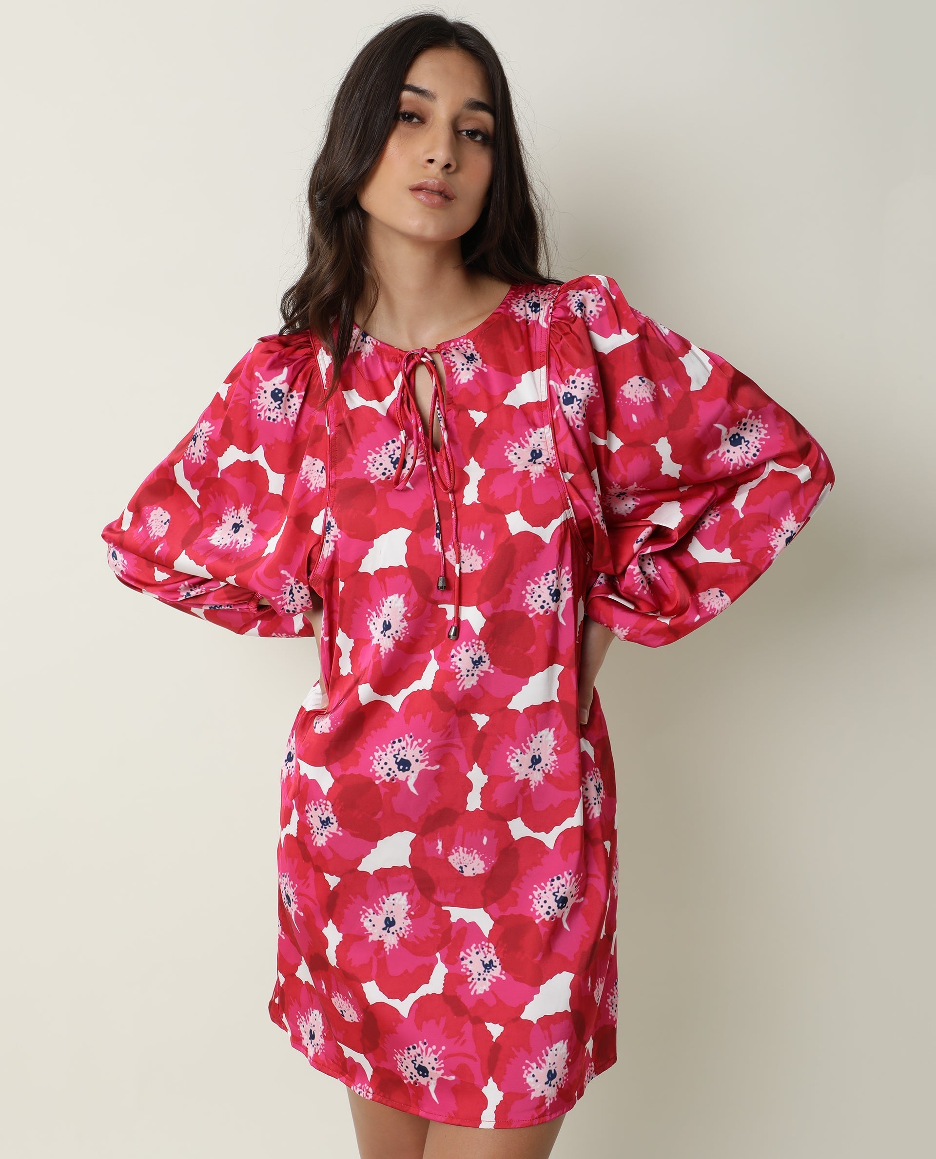 Rareism Women's Margn Red Cotton Blend Crew Neck Abstract Print Puff Sleeves Knee Length Regular Fit Dress