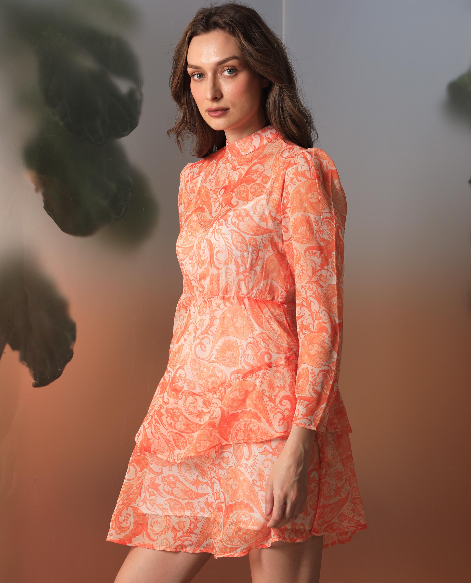 Rareism Women's Claris Orange Cotton High Neck Paisley Print Knee Length Regular Fit Dress