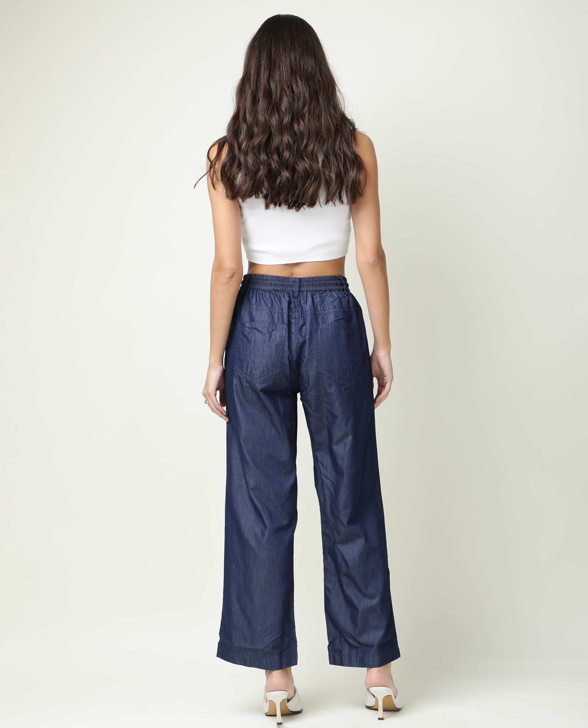 Rareism Women Lipo Navy Tencel Fabric Relaxed Fit High Rise Solid Ankle Length Trousers