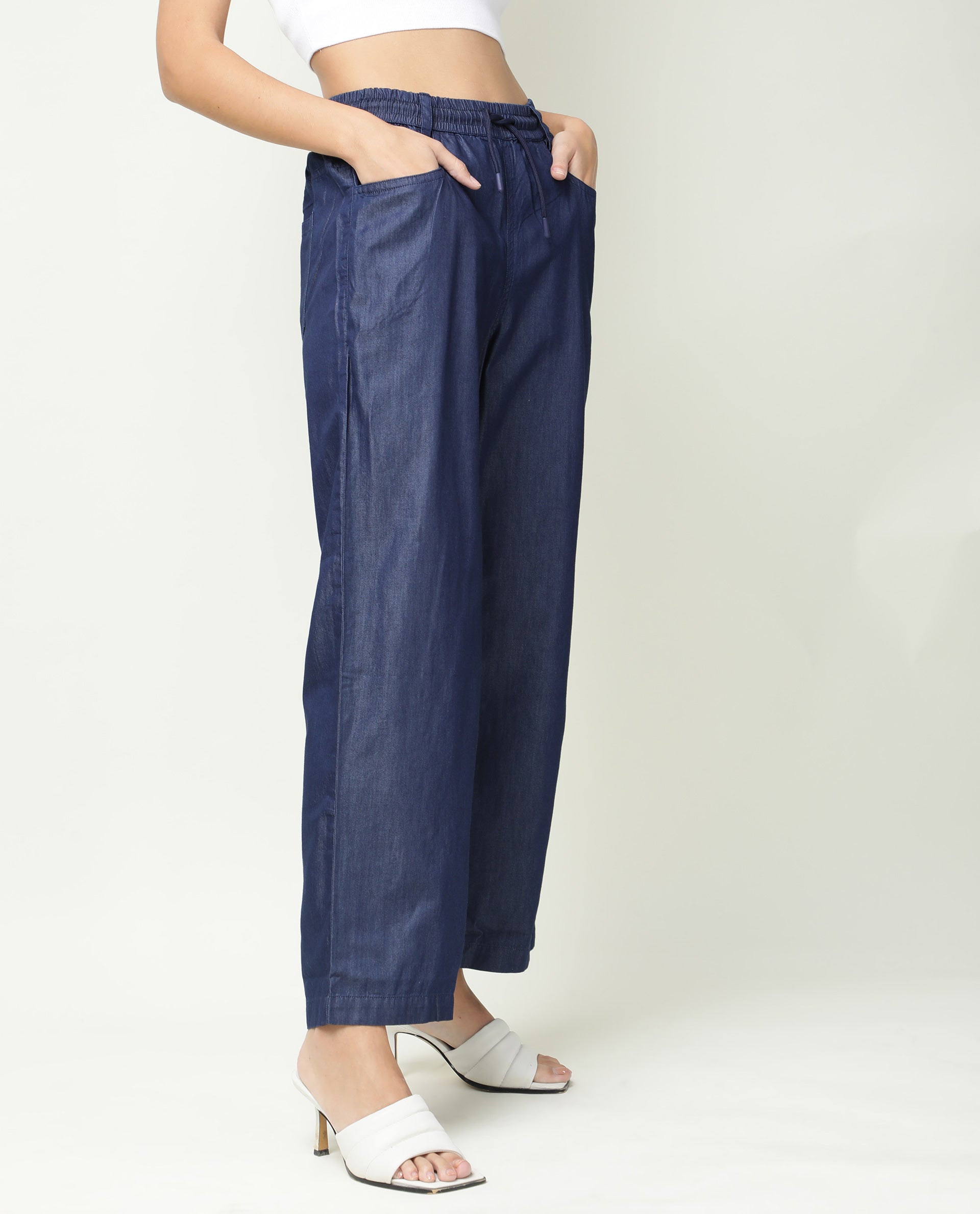 Rareism Women Lipo Navy Tencel Fabric Relaxed Fit High Rise Solid Ankle Length Trousers