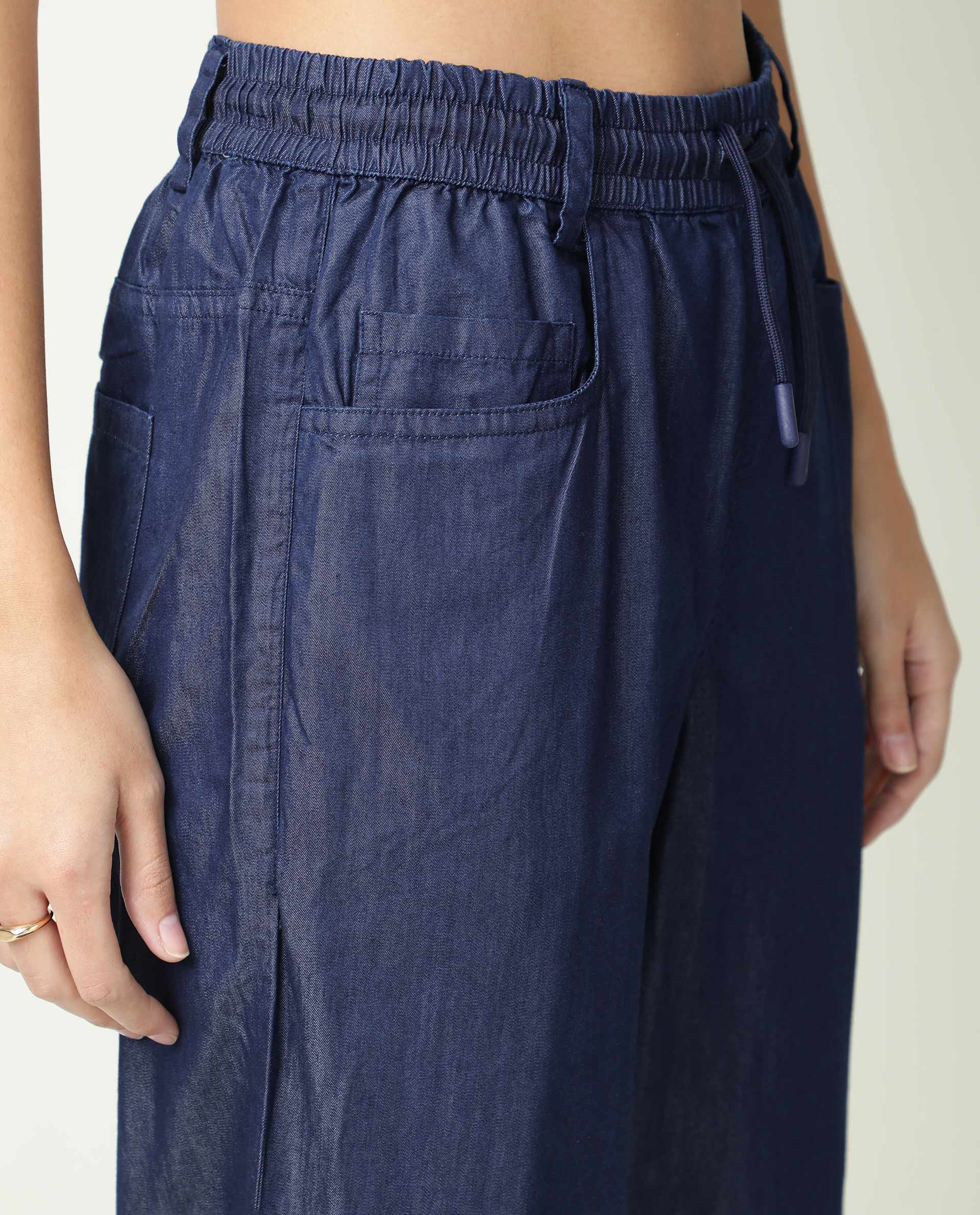 Rareism Women Lipo Navy Tencel Fabric Relaxed Fit High Rise Solid Ankle Length Trousers