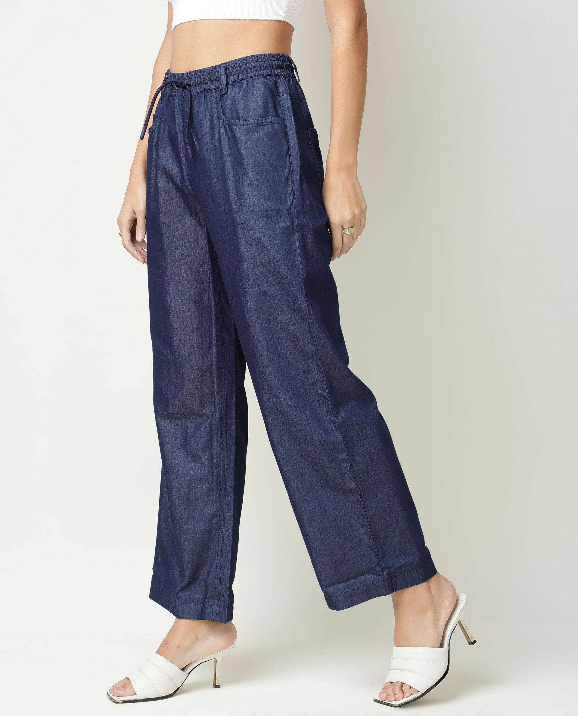 Rareism Women Lipo Navy Tencel Fabric Relaxed Fit High Rise Solid Ankle Length Trousers